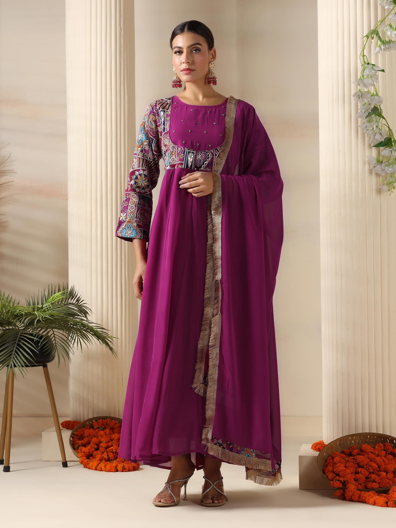 Women Georgette Magenta Embroidered Dress With Dupatta.