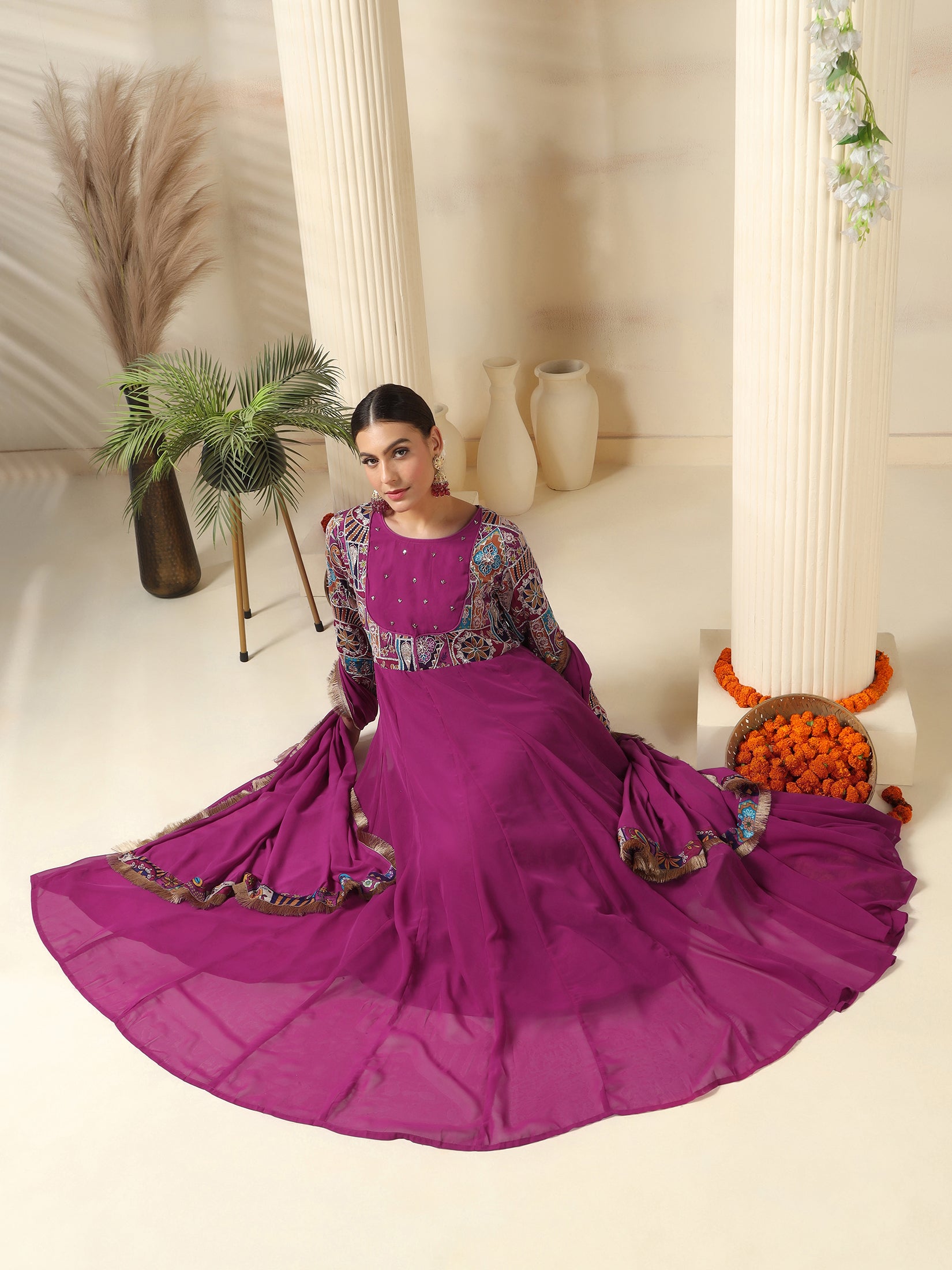 Women Georgette Magenta Embroidered Dress With Dupatta Women Georgette Magenta Embroidered Dress With Dupatta