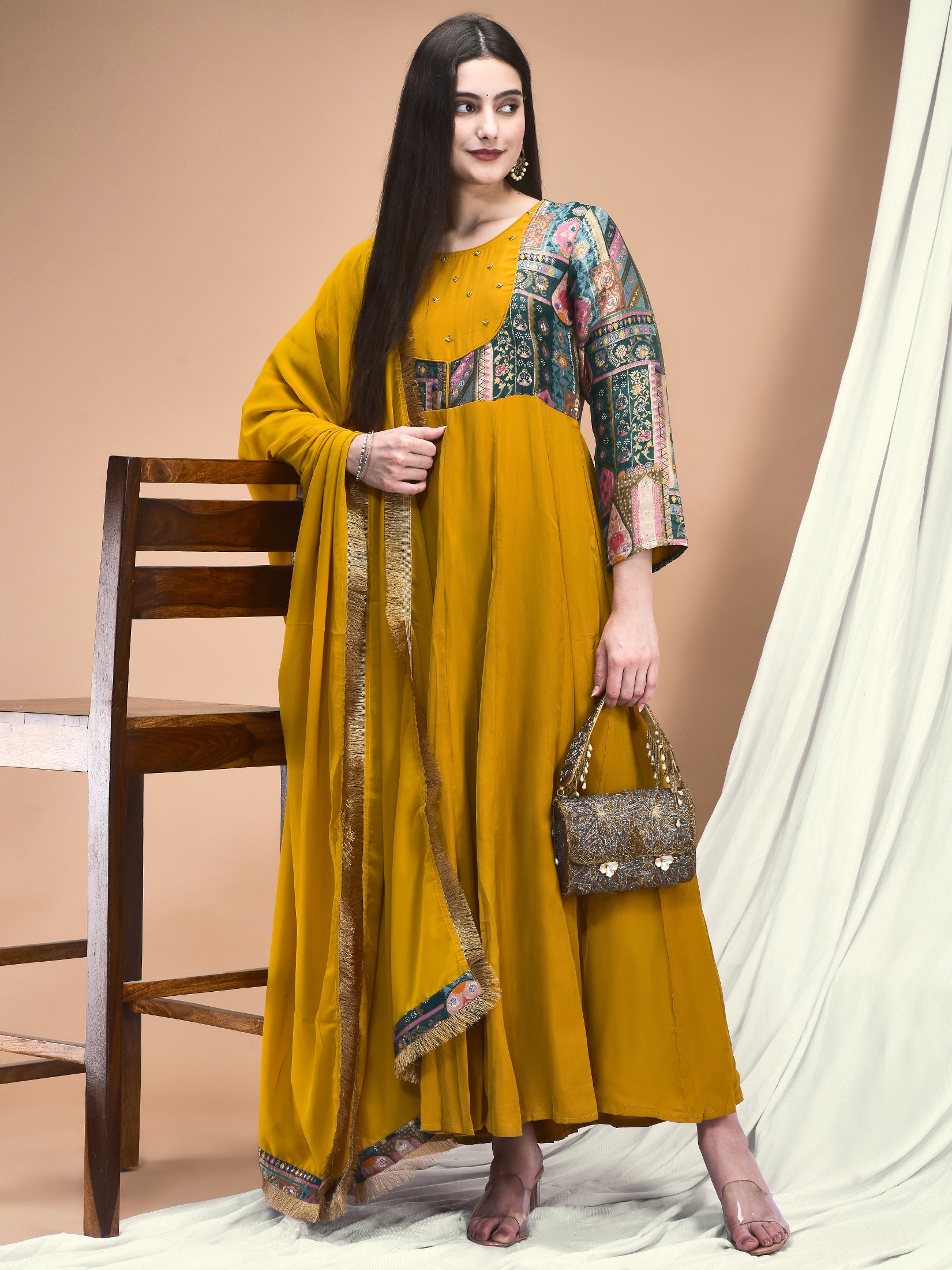 Women Jacquard Mustard Woven Dress With Dupatta