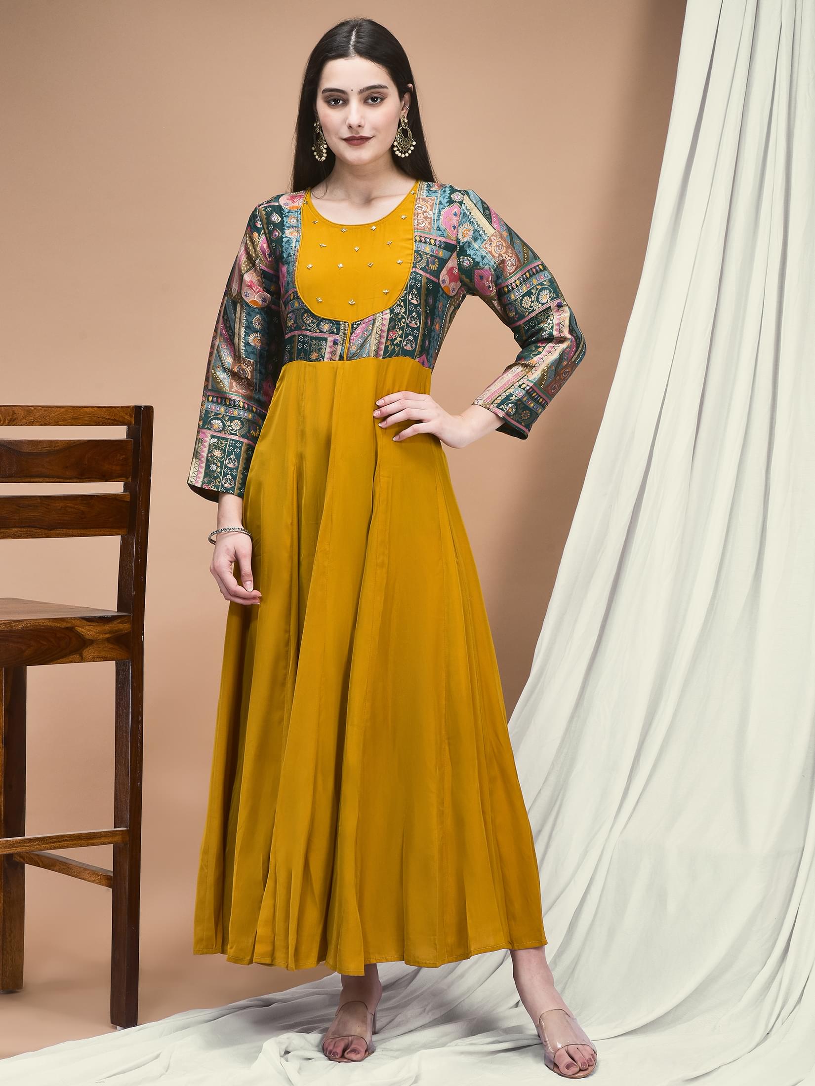 Women Jacquard Mustard Woven Dress With Dupatta.