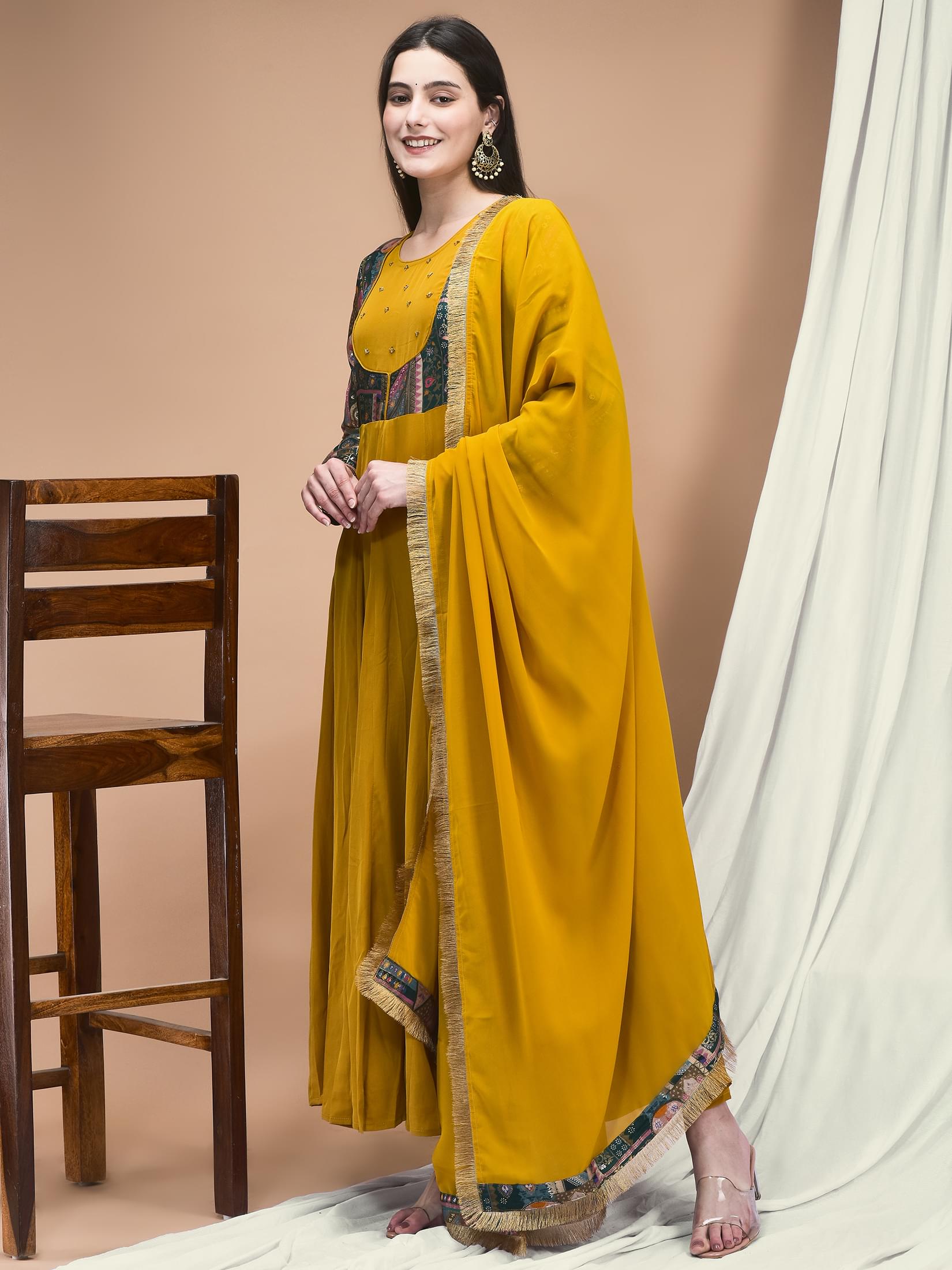 Women Jacquard Mustard Woven Dress With Dupatta.