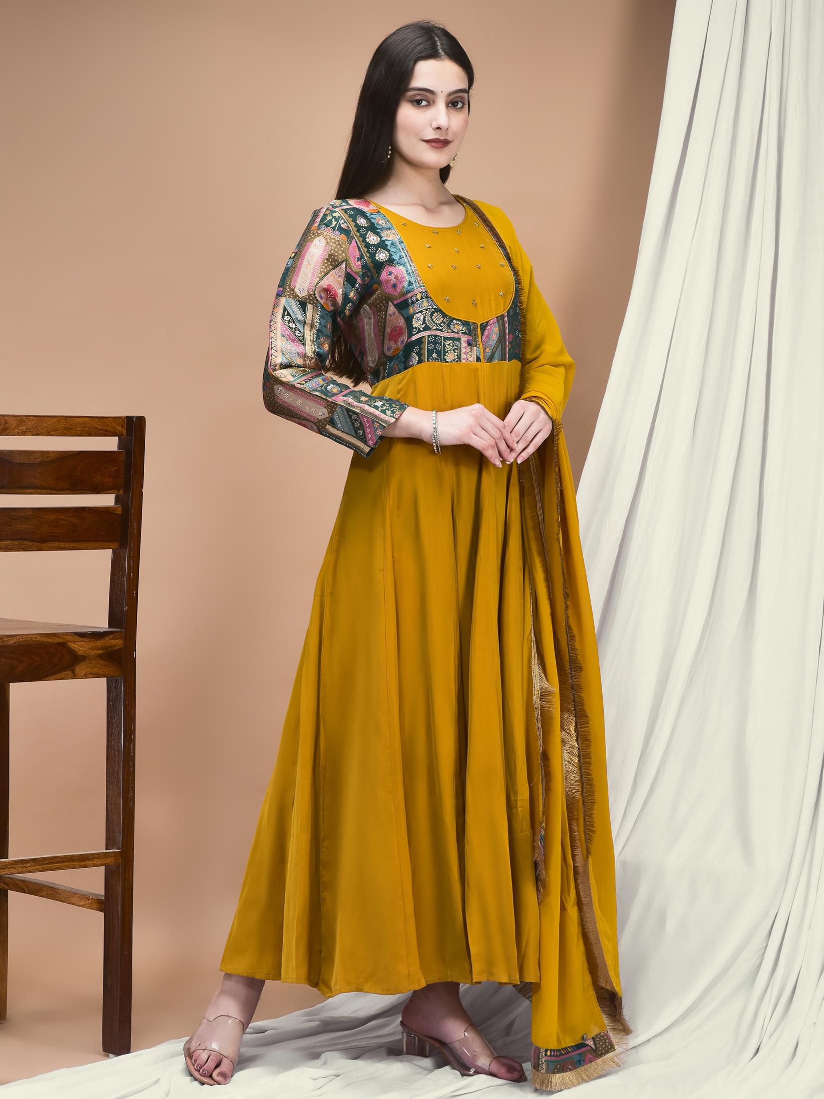 Women Jacquard Mustard Woven Dress With Dupatta.