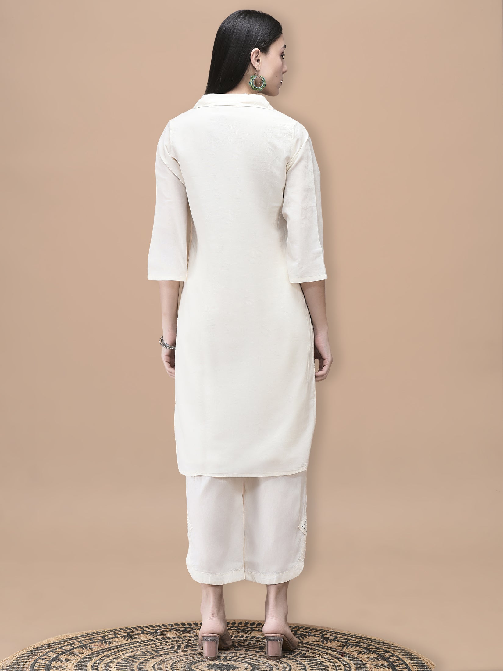 Women Cotton Off White Embroidered Kurta With Comfort Pant