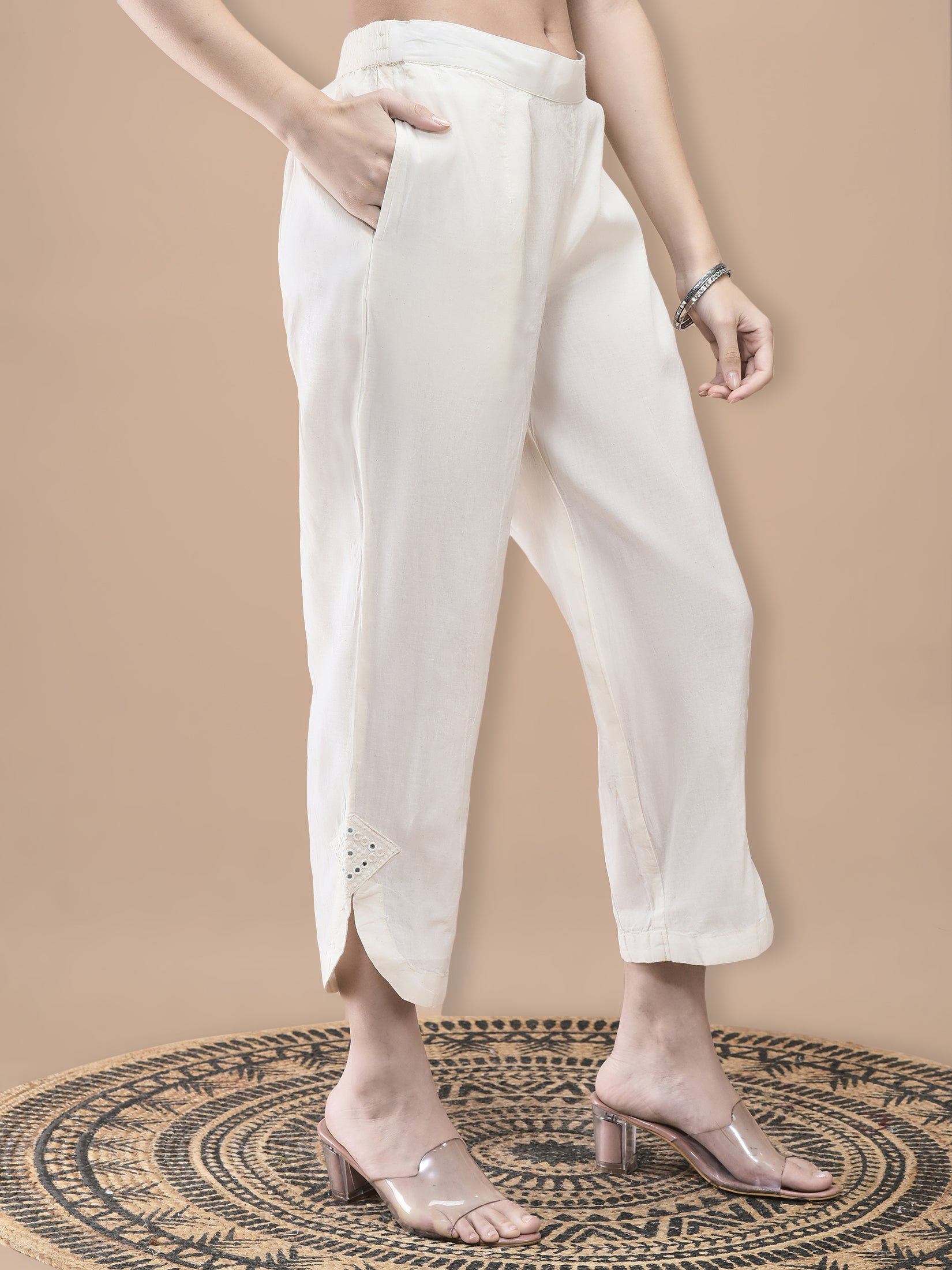 Women Cotton Off White Embroidered Kurta With Comfort Pant