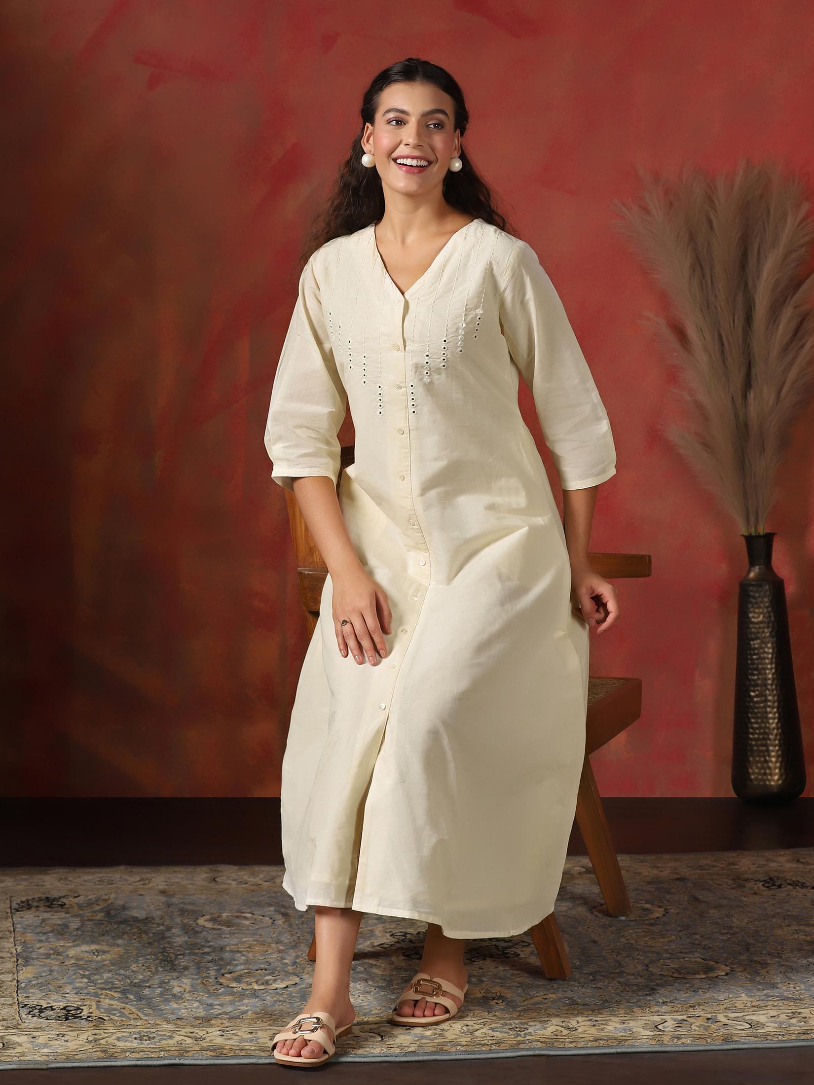 Elegant off white embroidered pure cotton minimalist long line midi dress