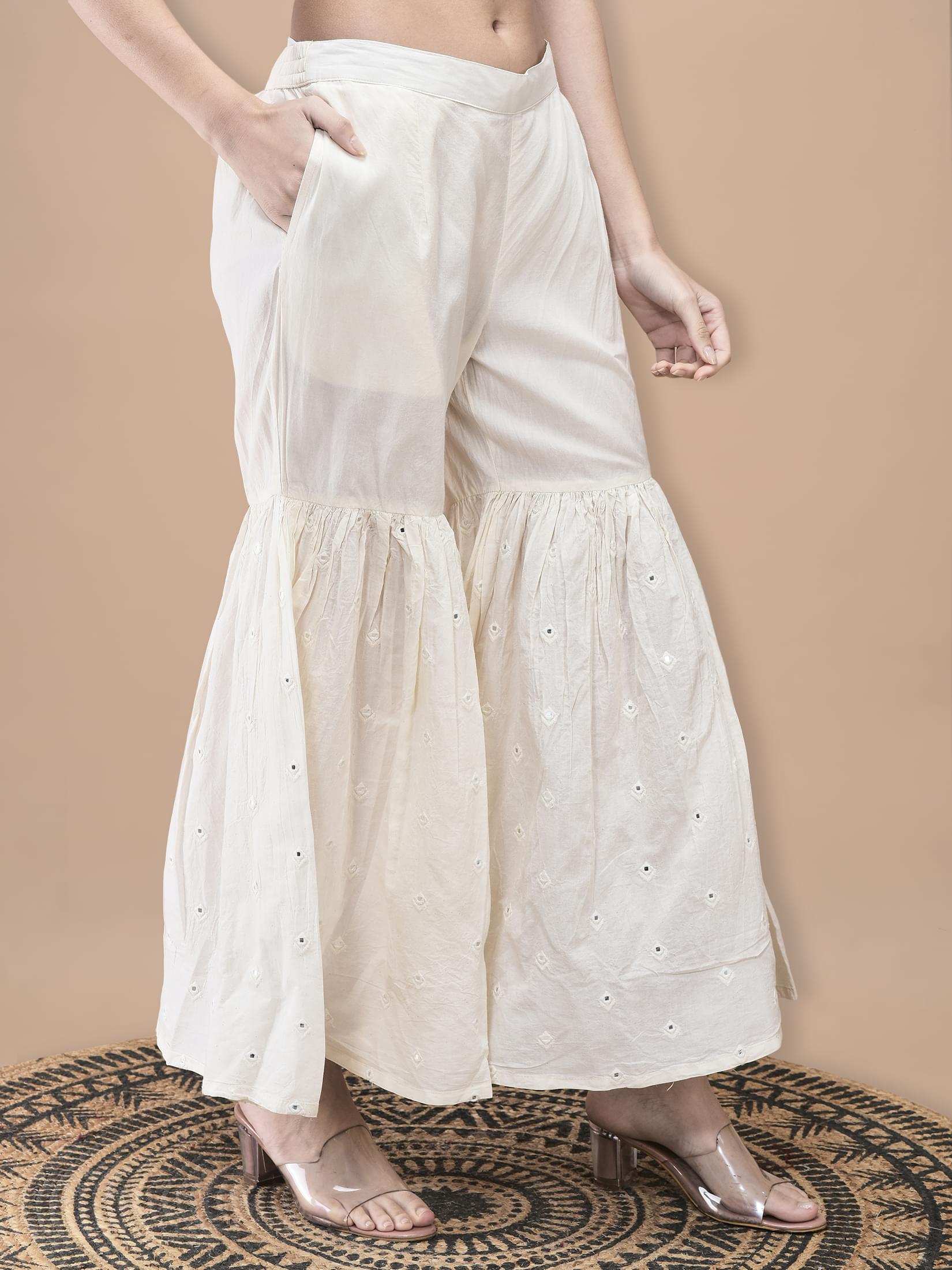 Women Cotton Off White Embroidered Kurta Sharara Dupatta.