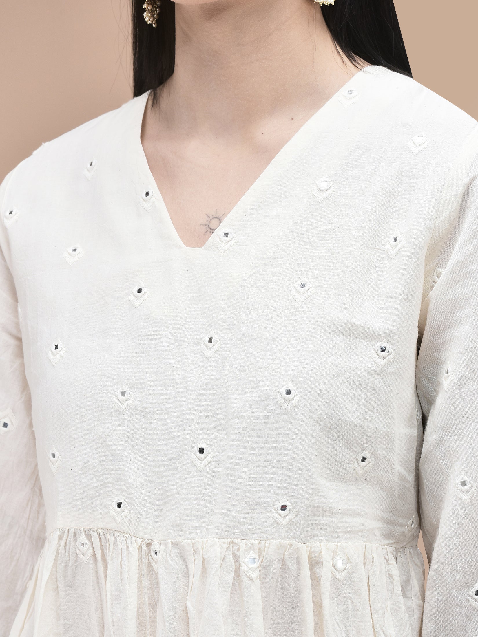 Women Cotton Off White Embroidered Kurta Sharara Dupatta