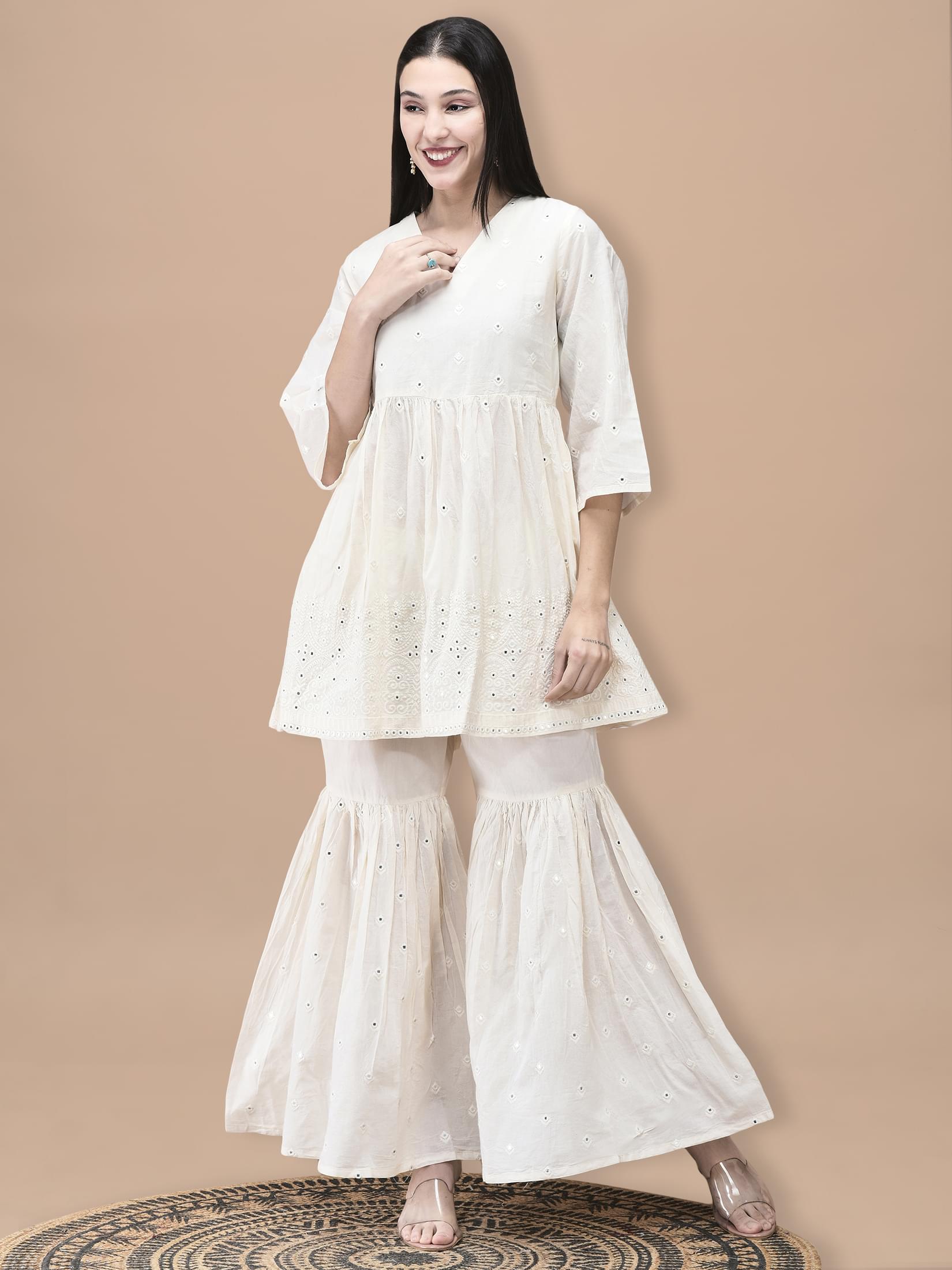 Women Cotton Off White Embroidered Kurta Sharara Dupatta.