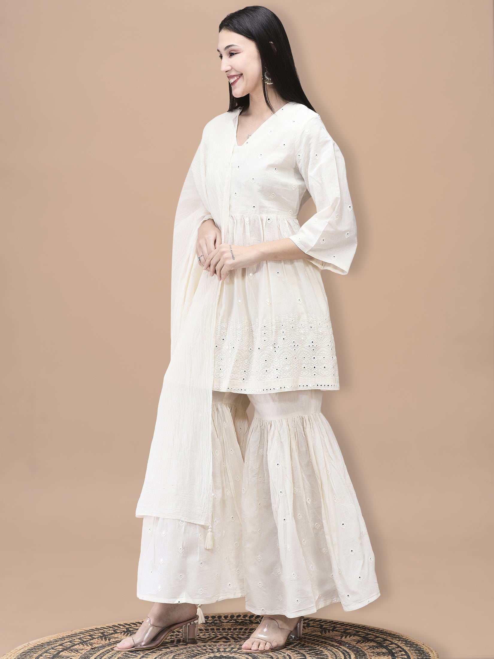 Women Cotton Off White Embroidered Kurta Sharara Dupatta