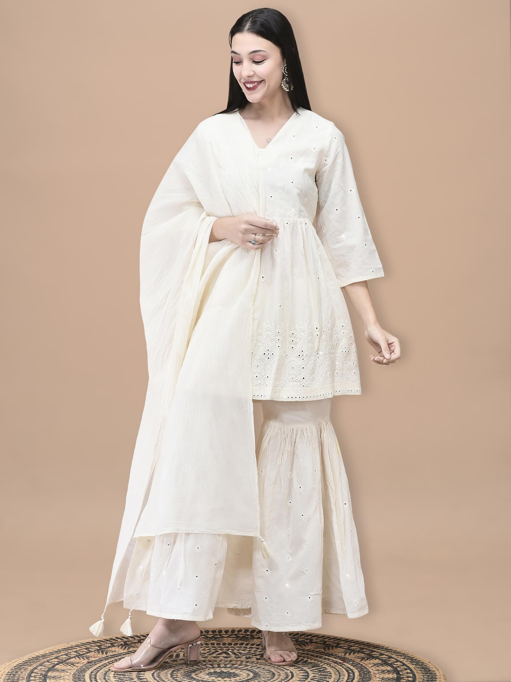 Women Cotton Off White Embroidered Kurta Sharara Dupatta.