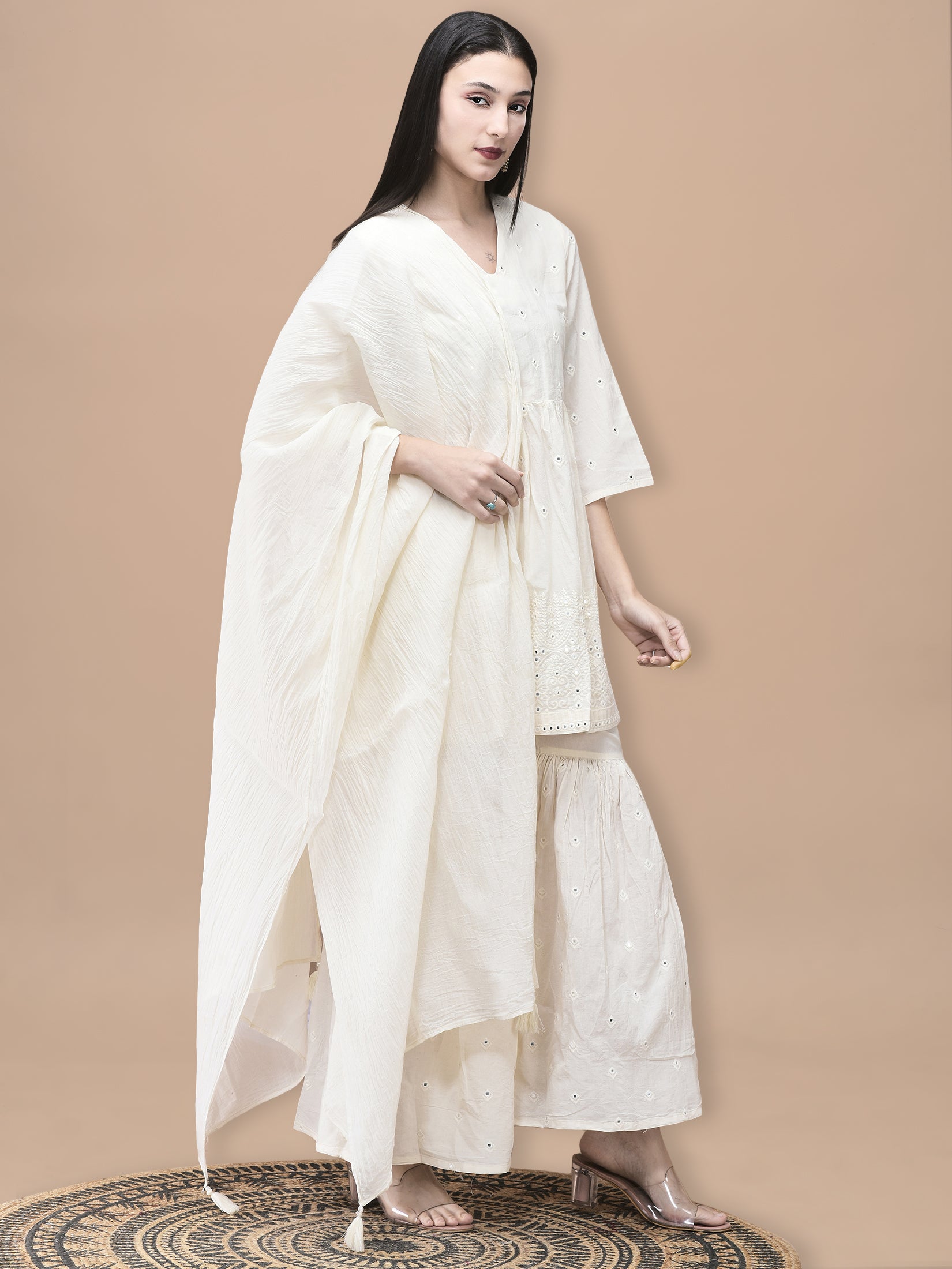 Women Cotton Off White Embroidered Kurta Sharara Dupatta