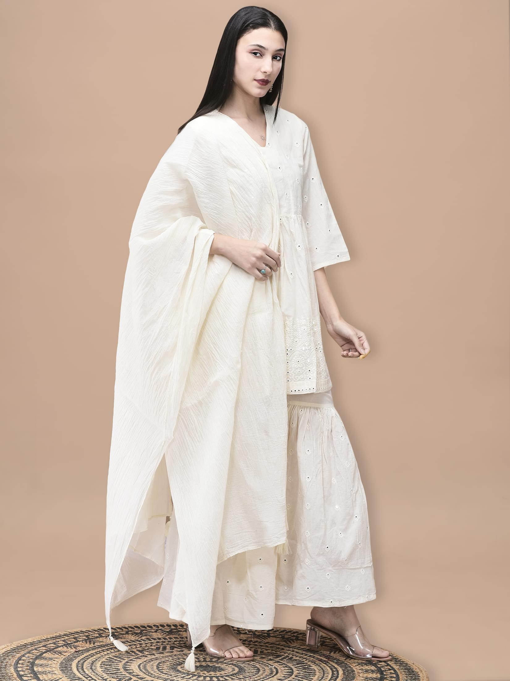 Women Cotton Off White Embroidered Kurta Sharara Dupatta.