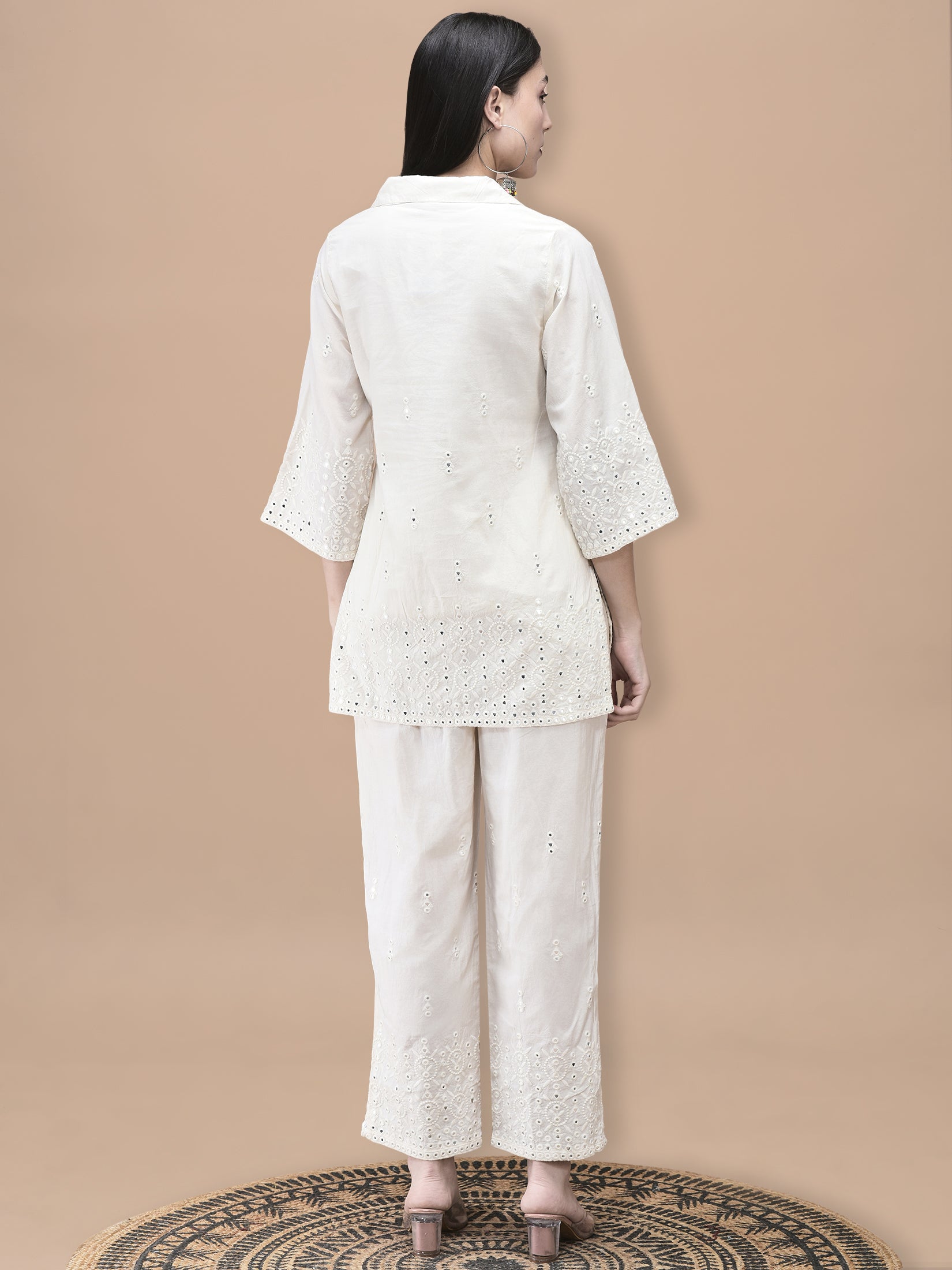 Women Cotton Off White Embroidered Co-Ord Set