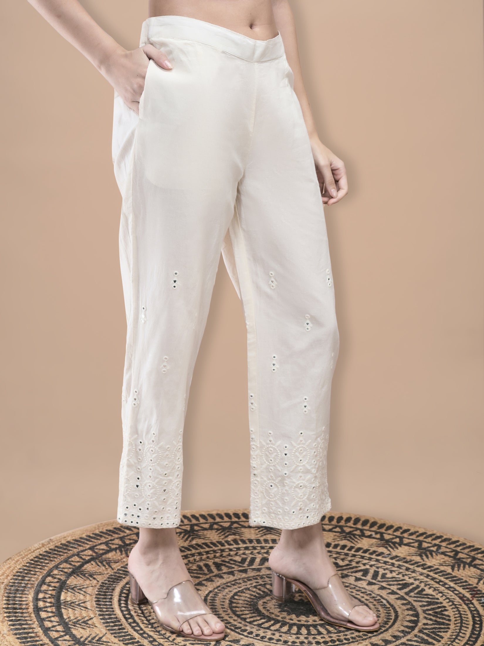 Women Cotton Off White Embroidered Co-Ord Set