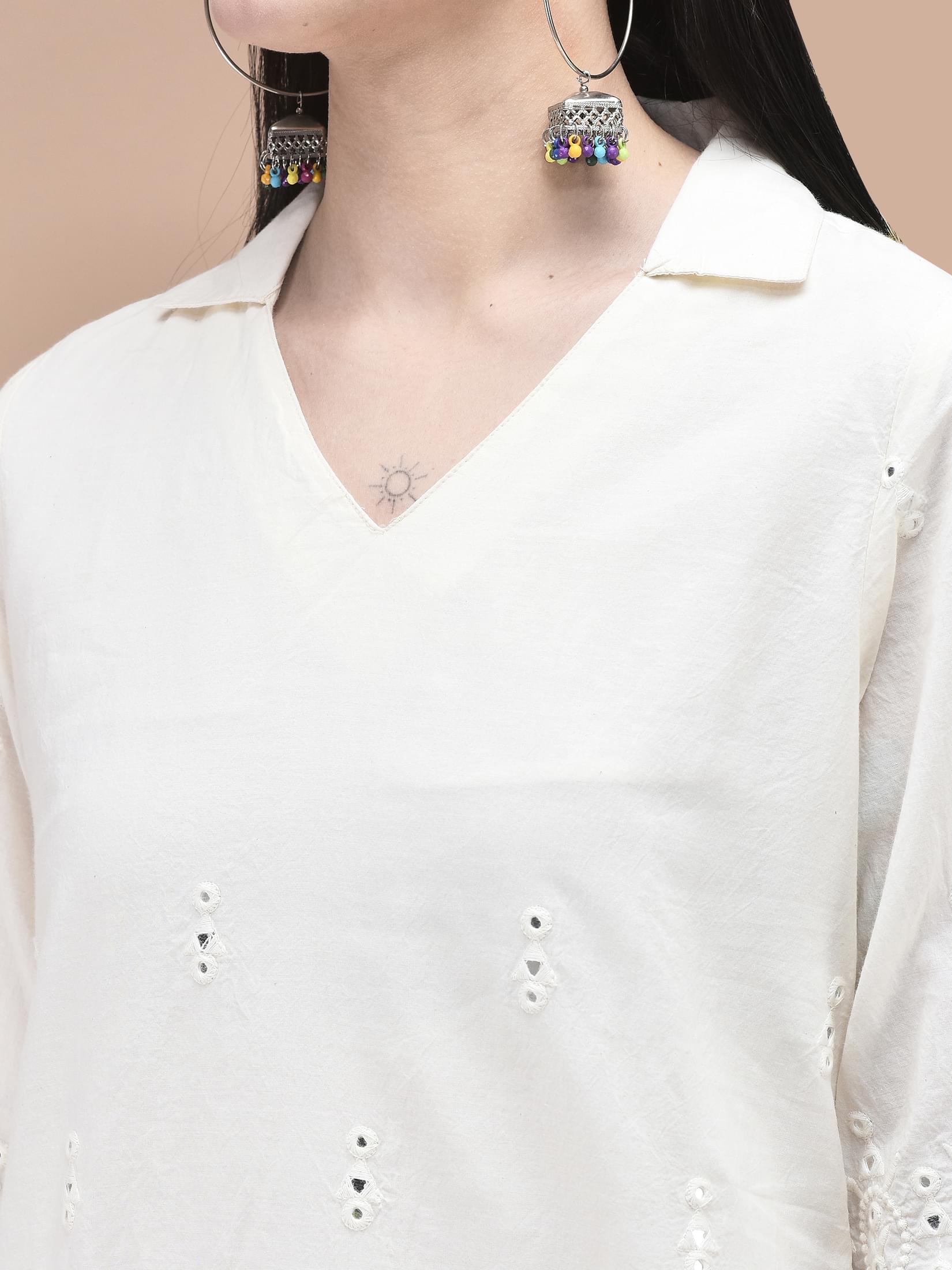 Women Cotton Off White Embroidered Co-Ord Set.