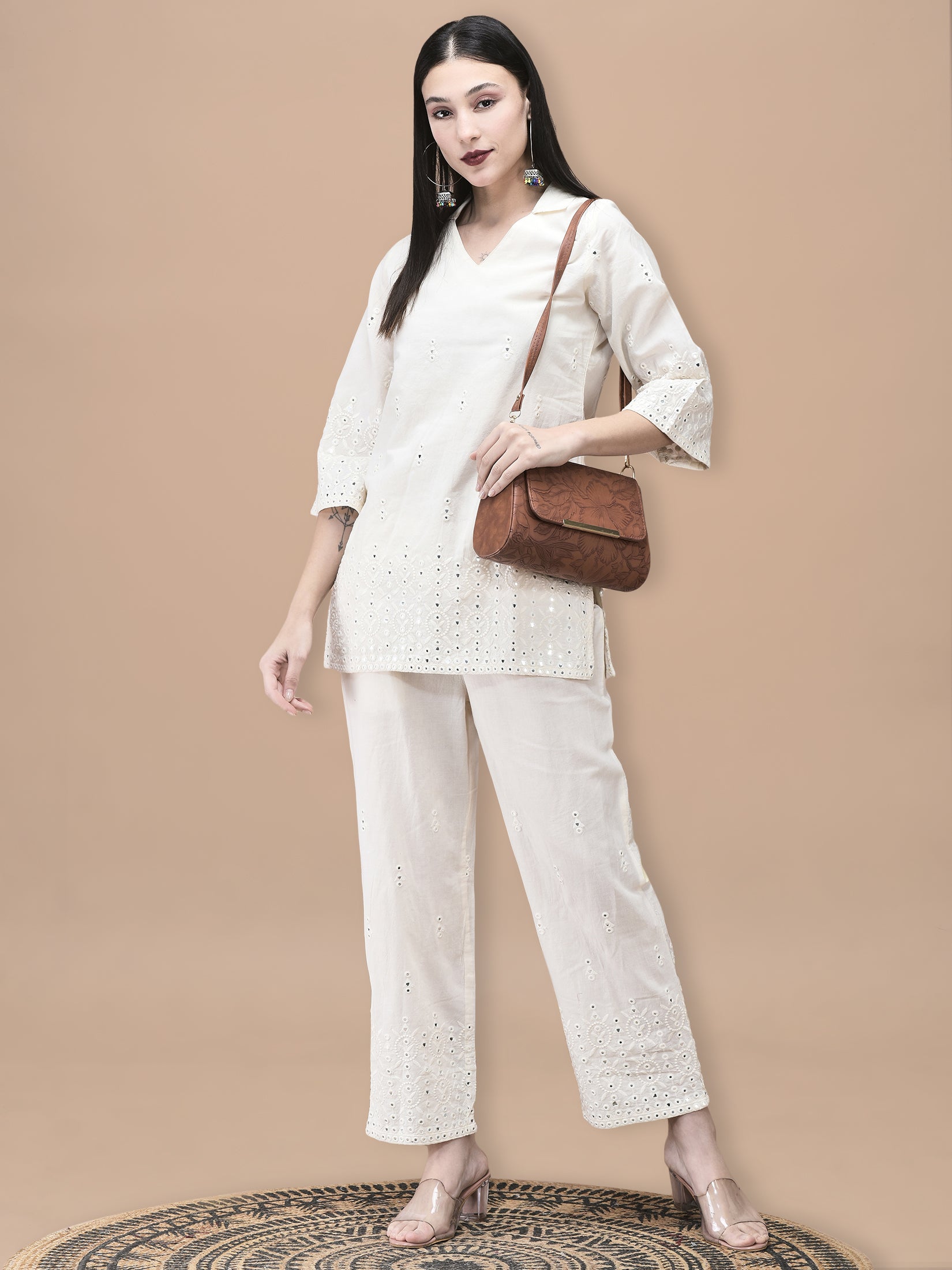 Women Cotton Off White Embroidered Co-Ord Set