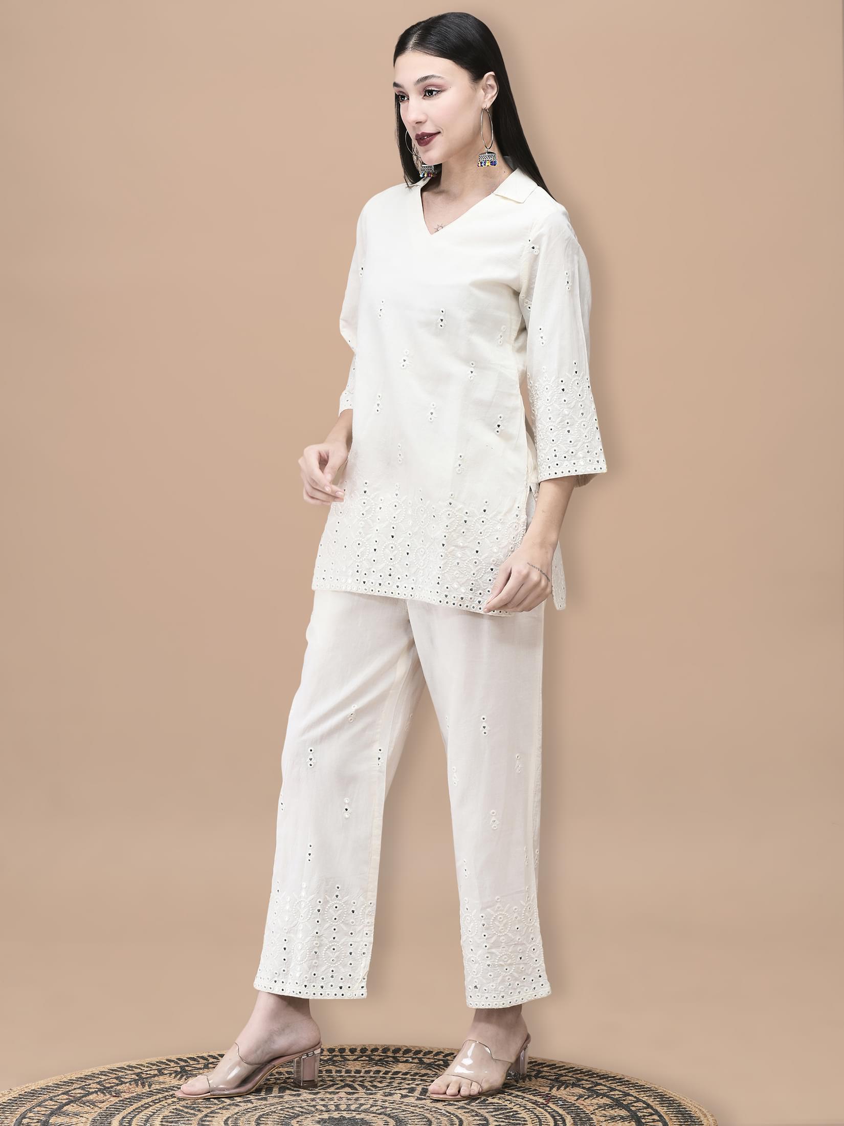 Women Cotton Off White Embroidered Co-Ord Set.