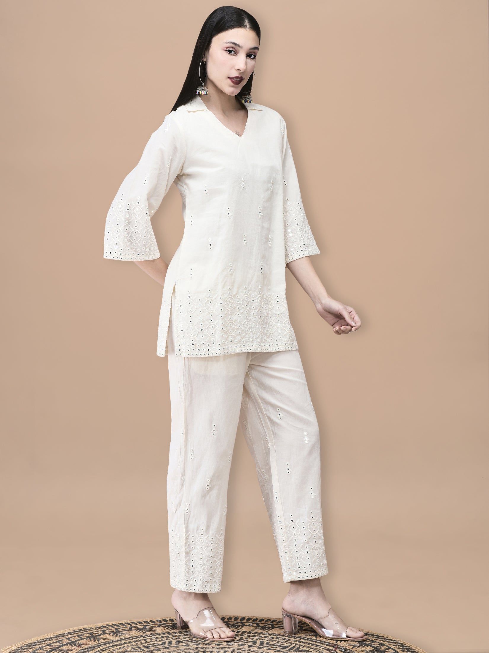 Women Cotton Off White Embroidered Co-Ord Set