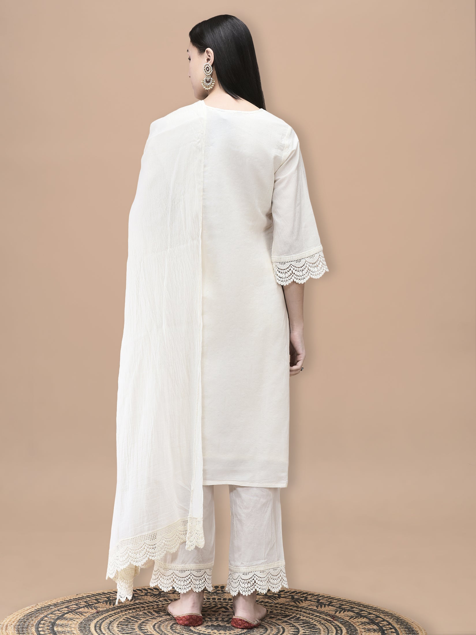 Women Cotton Off White Embroidered Kurta Comfort Pant Dupatta