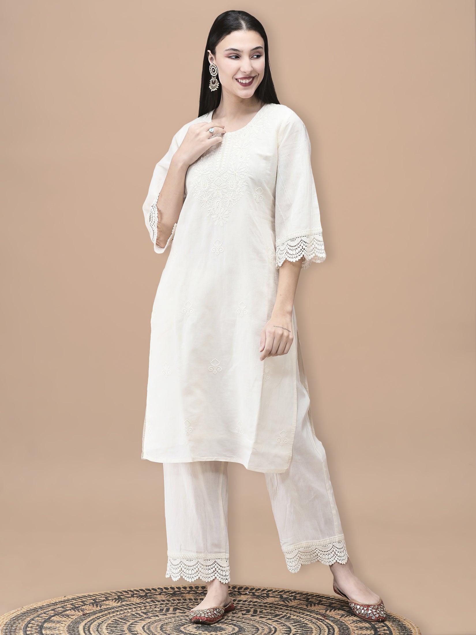 Women Cotton Off White Embroidered Kurta Comfort Pant Dupatta