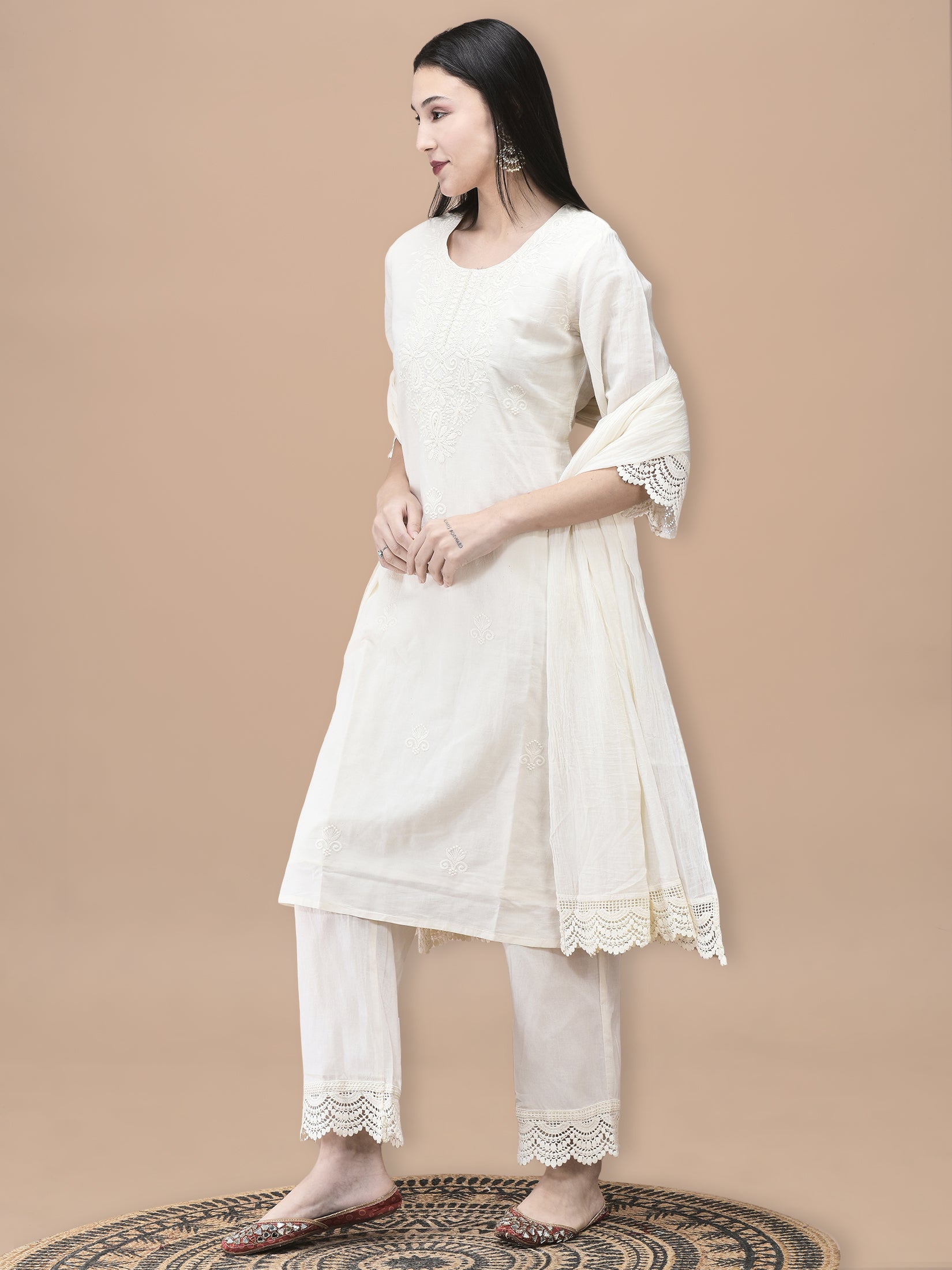 Women Cotton Off White Embroidered Kurta Comfort Pant Dupatta