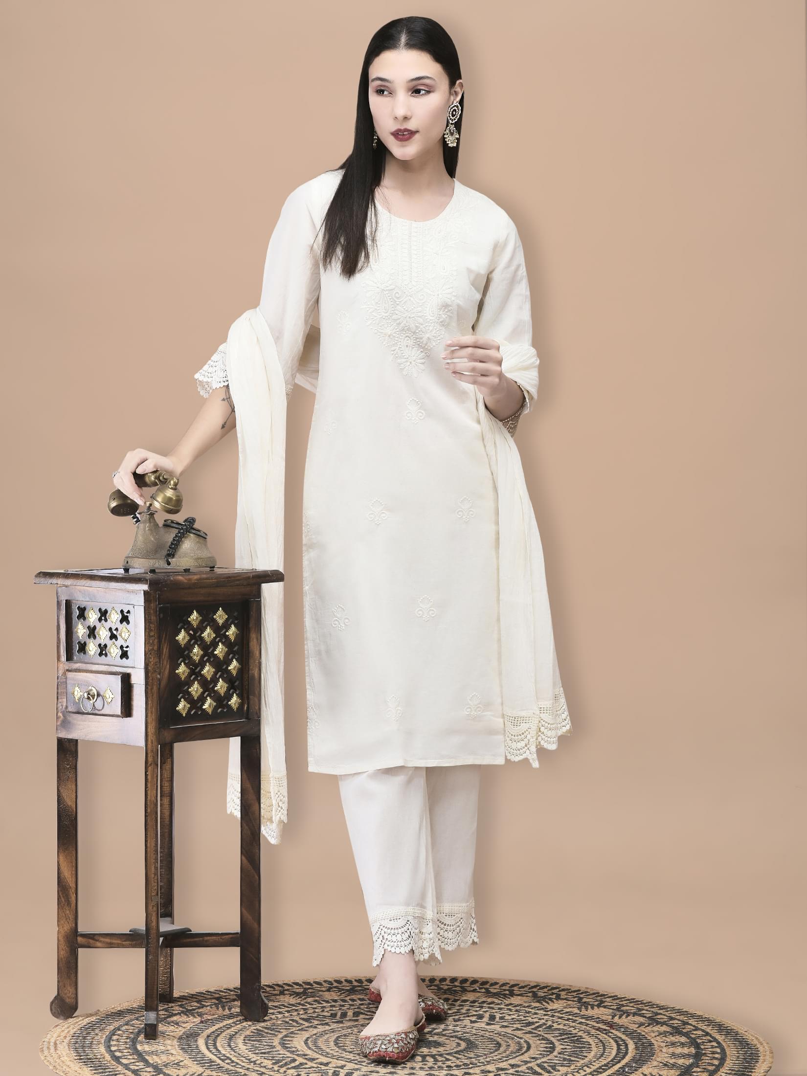 Off white delicate embroidered cotton straight fit trouser suit with dupatta