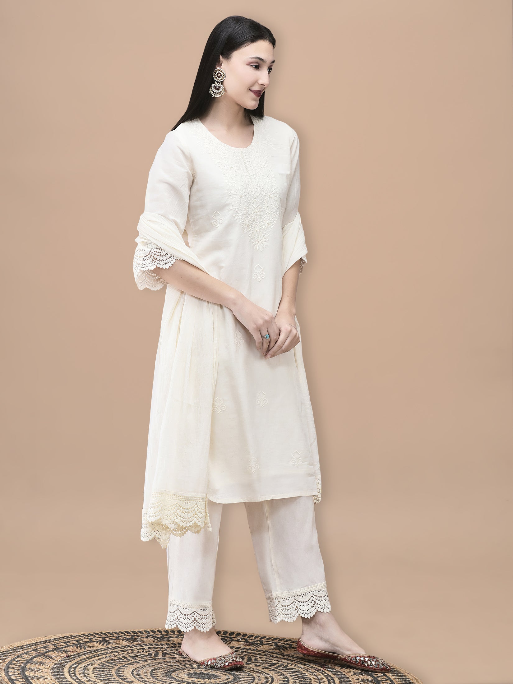 Women Cotton Off White Embroidered Kurta Comfort Pant Dupatta
