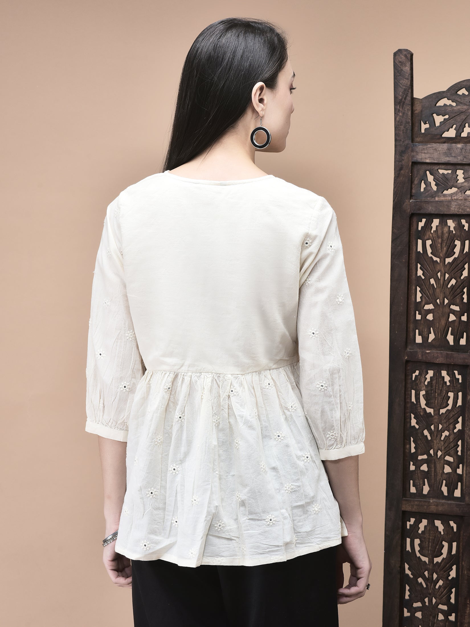 Women Cotton Off White Embroidered Tunic