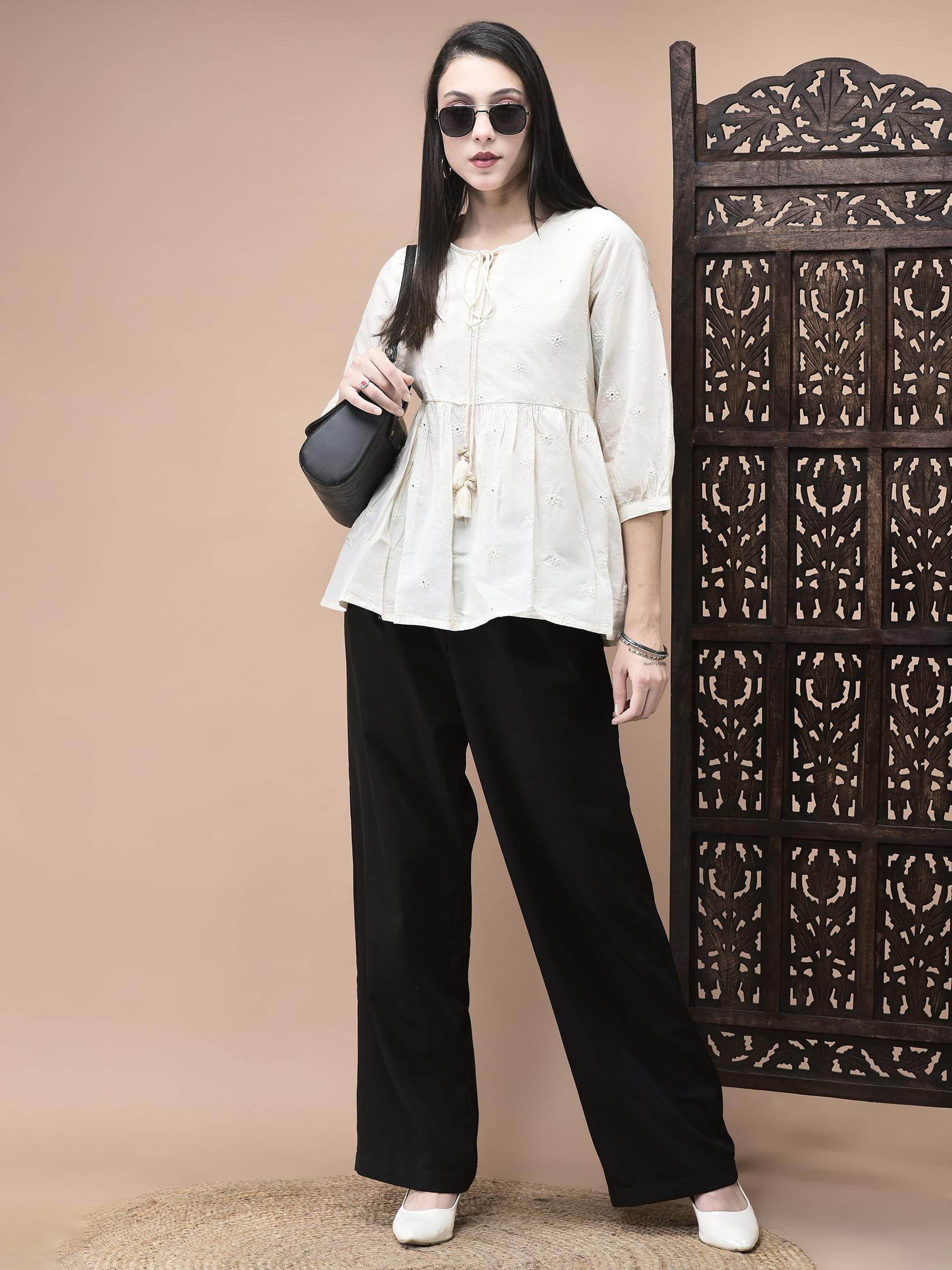 Women Cotton Off White Embroidered Tunic.