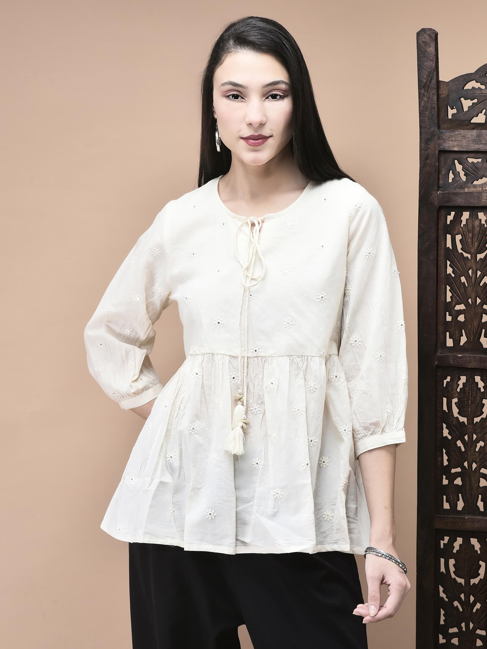 Women Cotton Off White Embroidered Tunic.