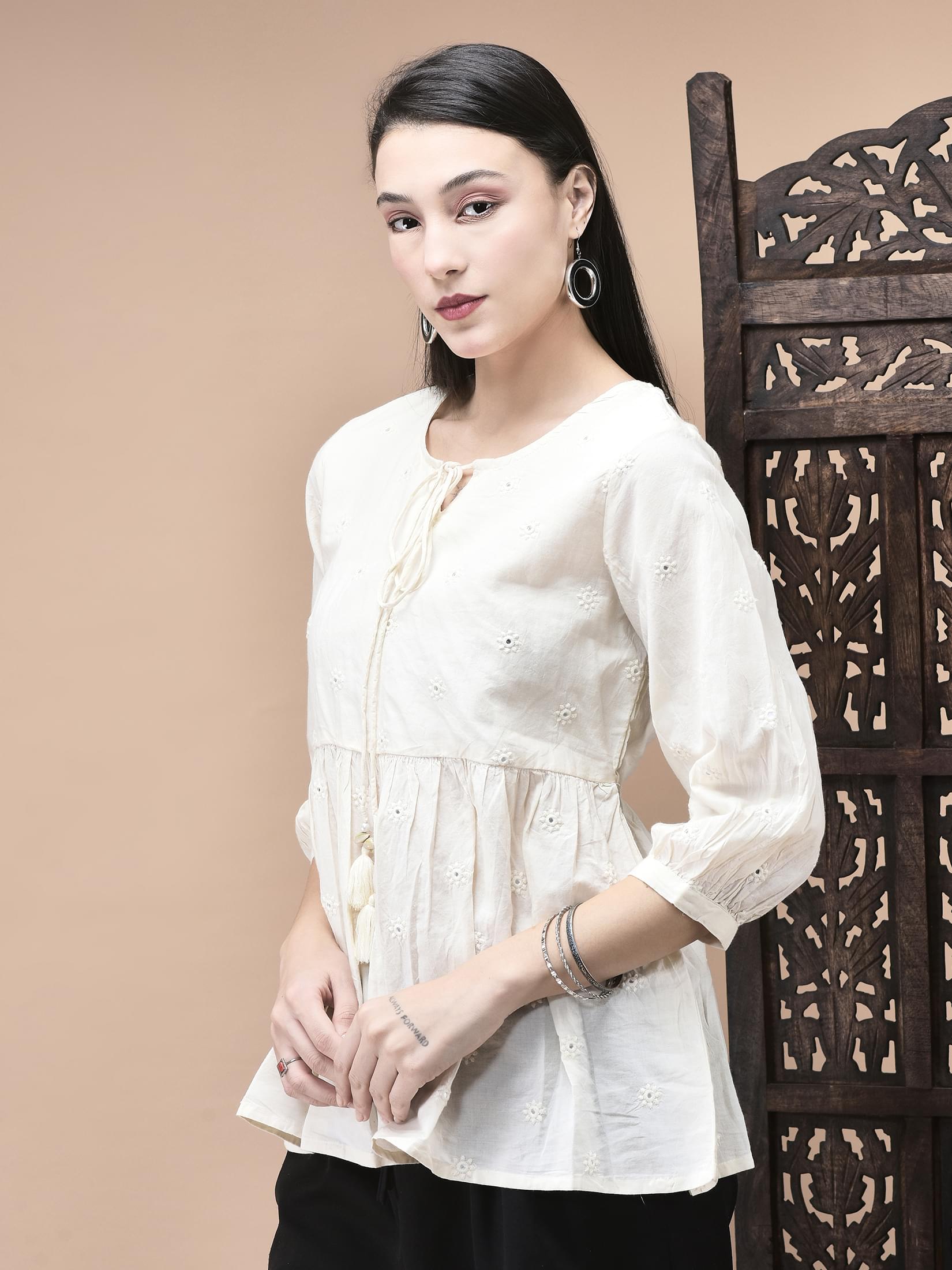 Women Cotton Off White Embroidered Tunic.