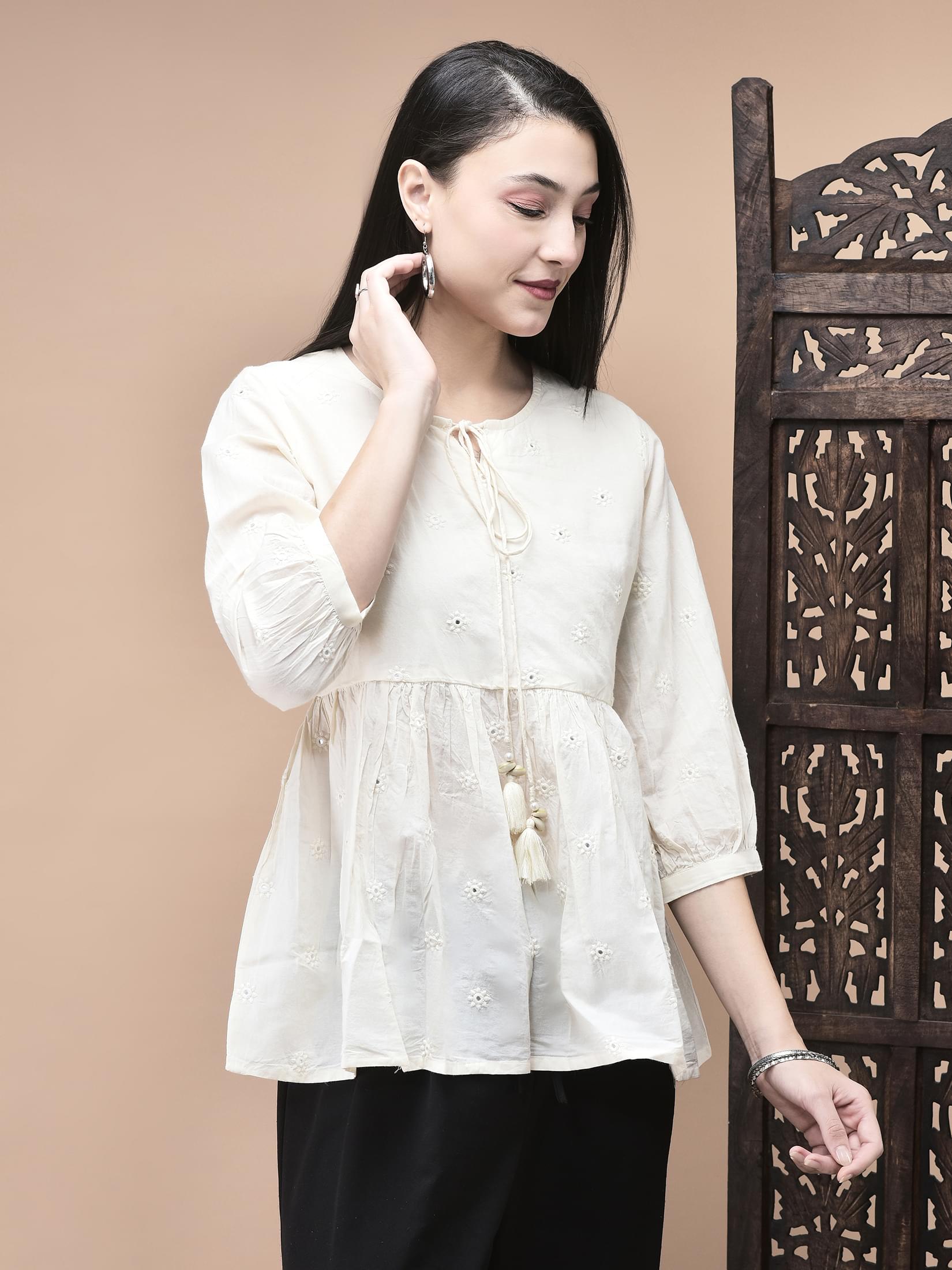 Women Cotton Off White Embroidered Tunic.