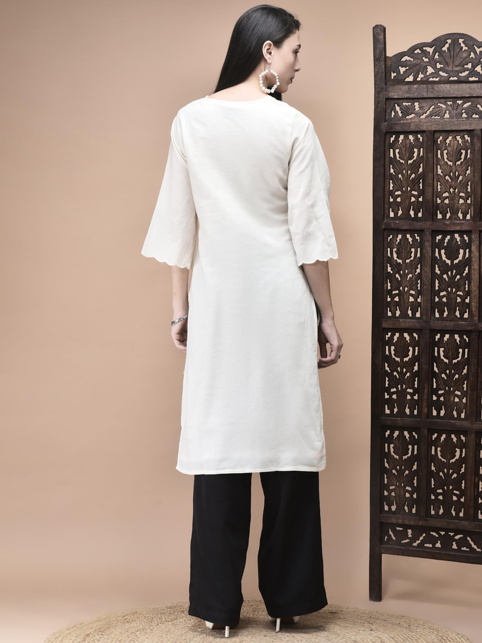 Women Cotton Off White Embroidered Kurta.