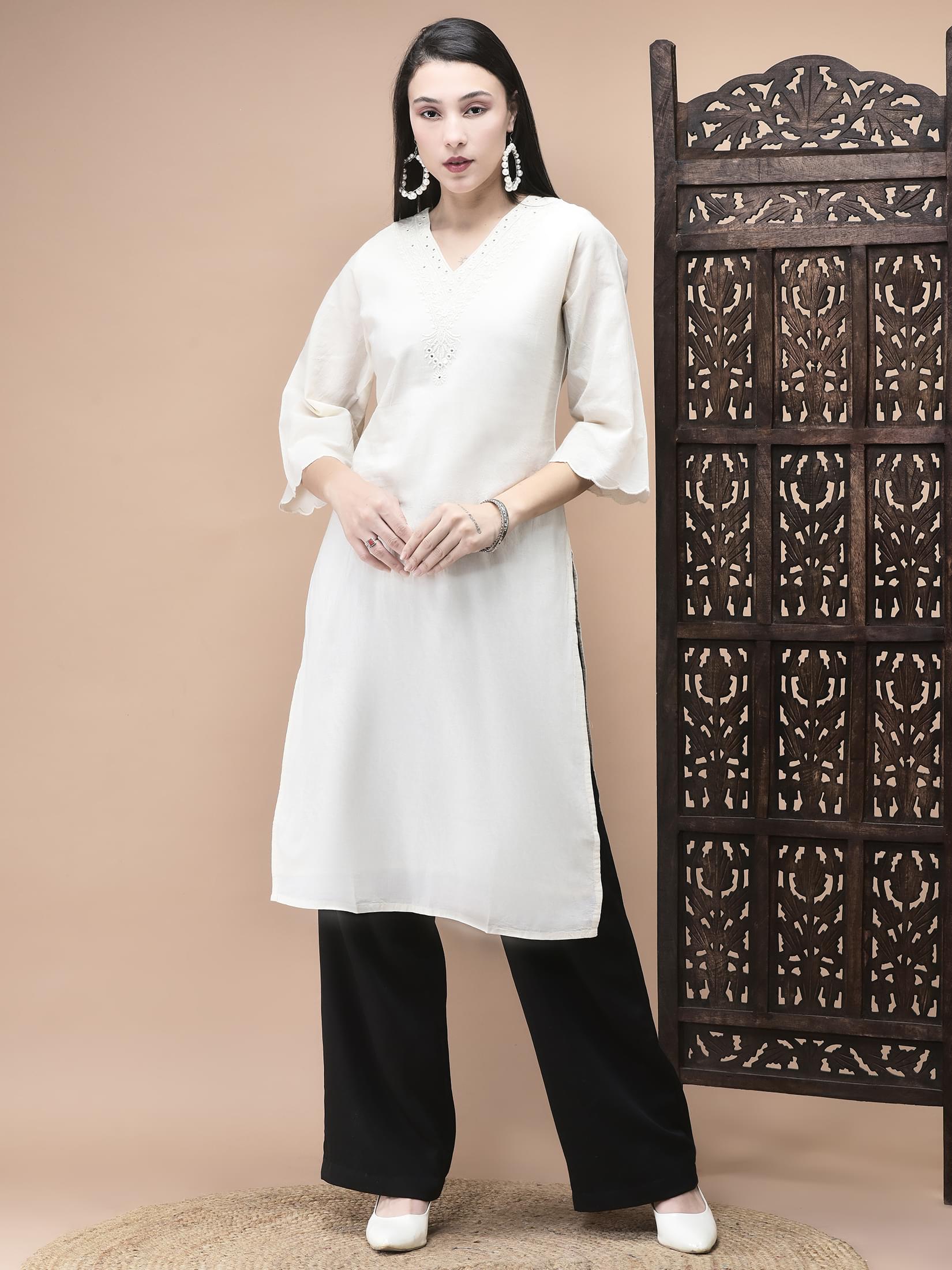 Off white detailed machine embroidered pure cotton single regular line kurta