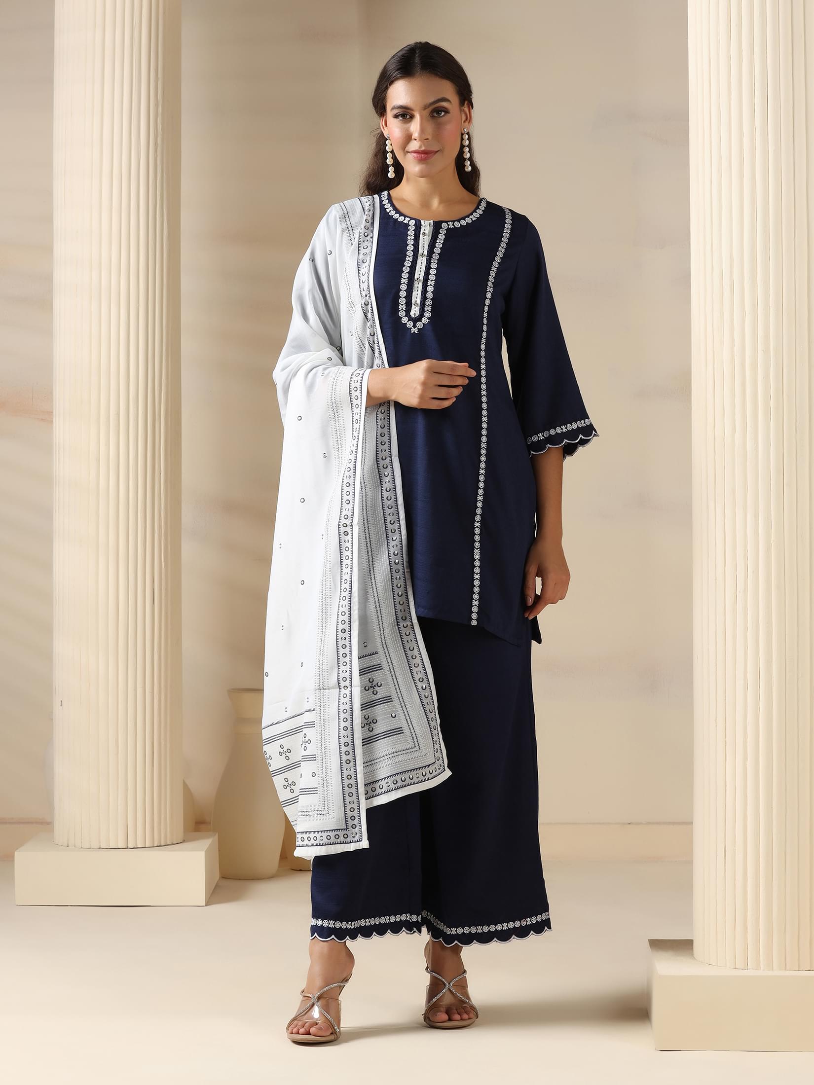 Ocean blue detailed embroidery Liva fabric comfort fitting regular suit set