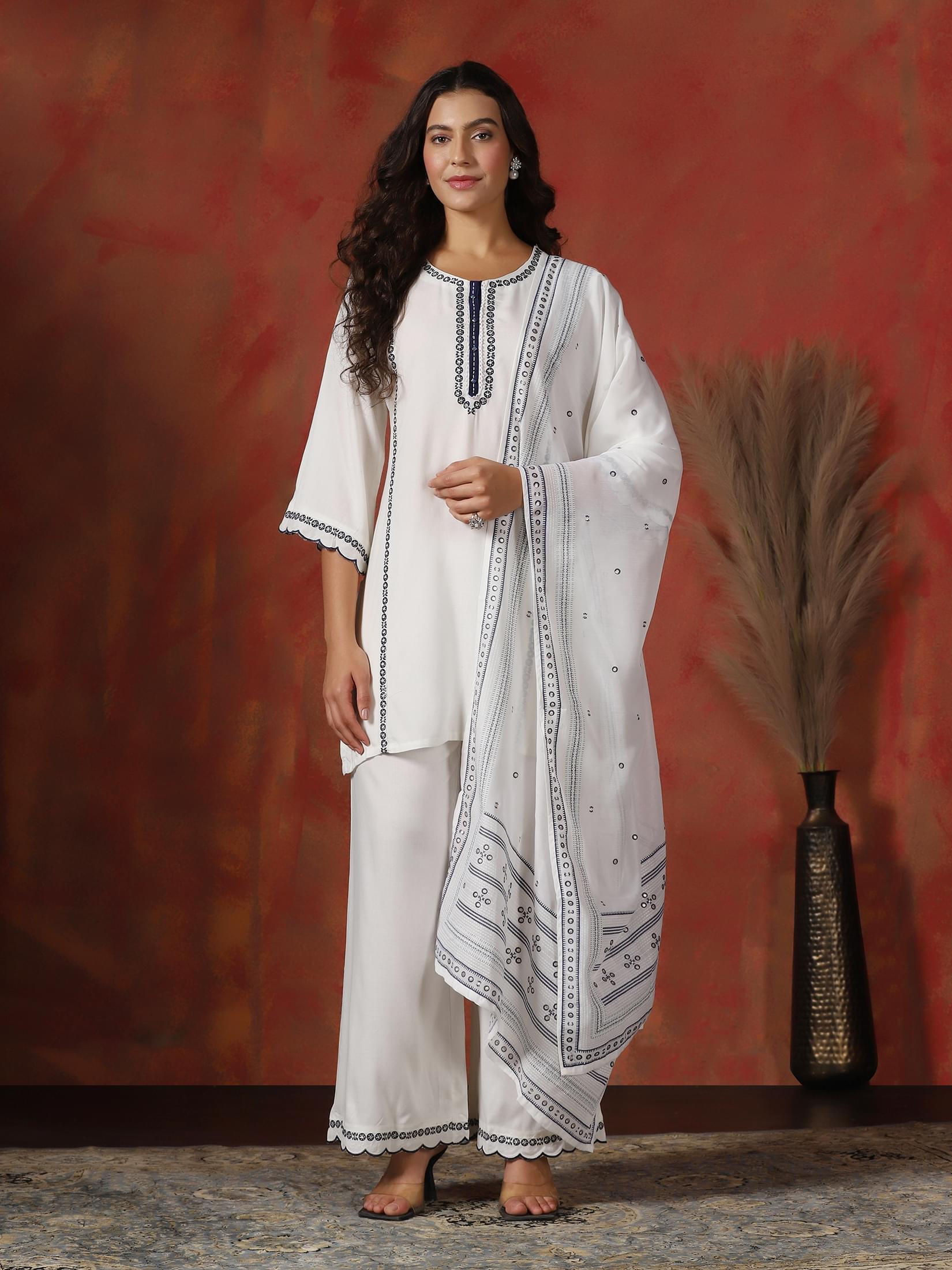 Women Liva Off White Embroidered Kurta Comfort Pant Dupatta.