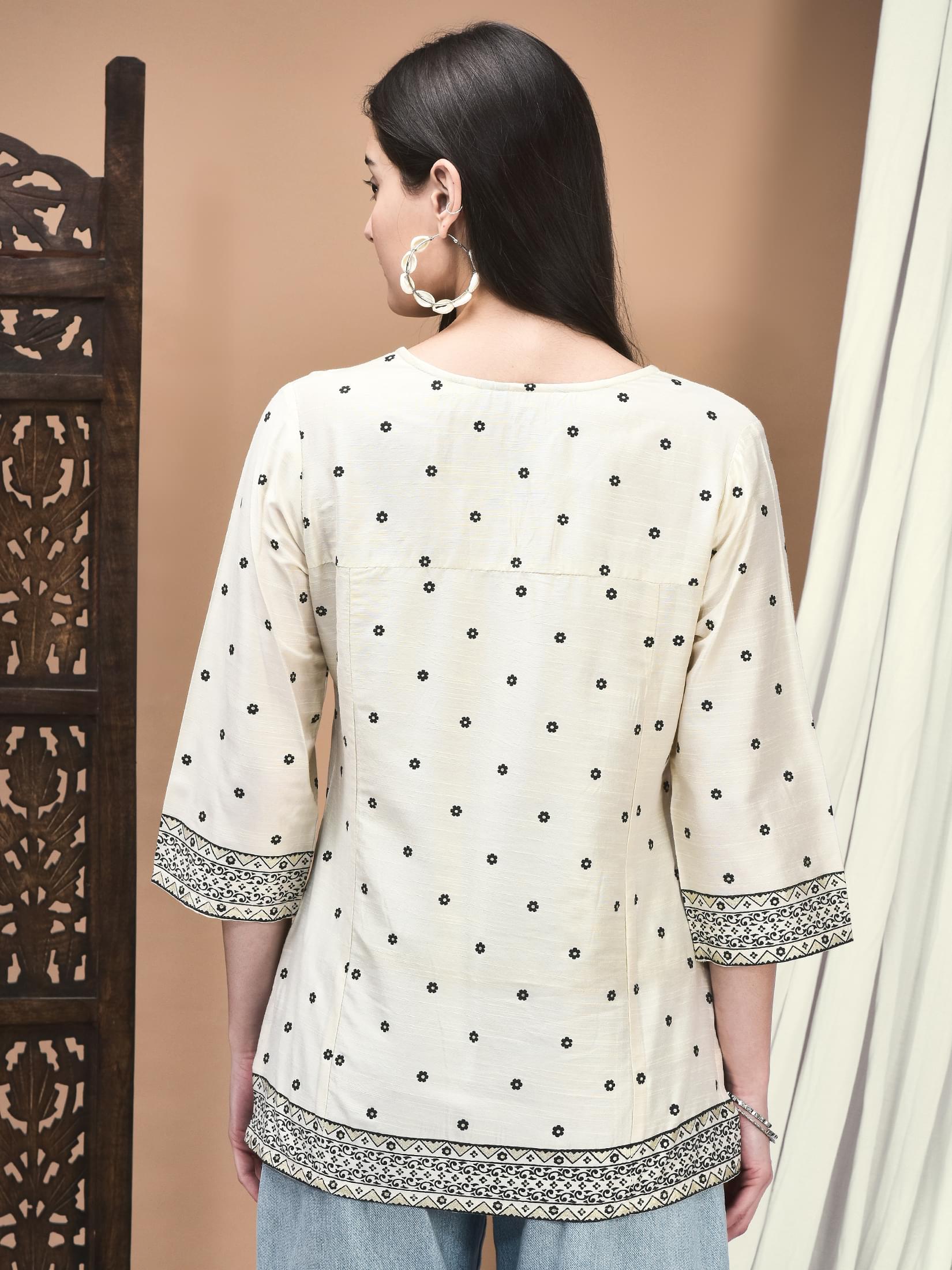 Women Silk Blend Cream Printed Tunic.
