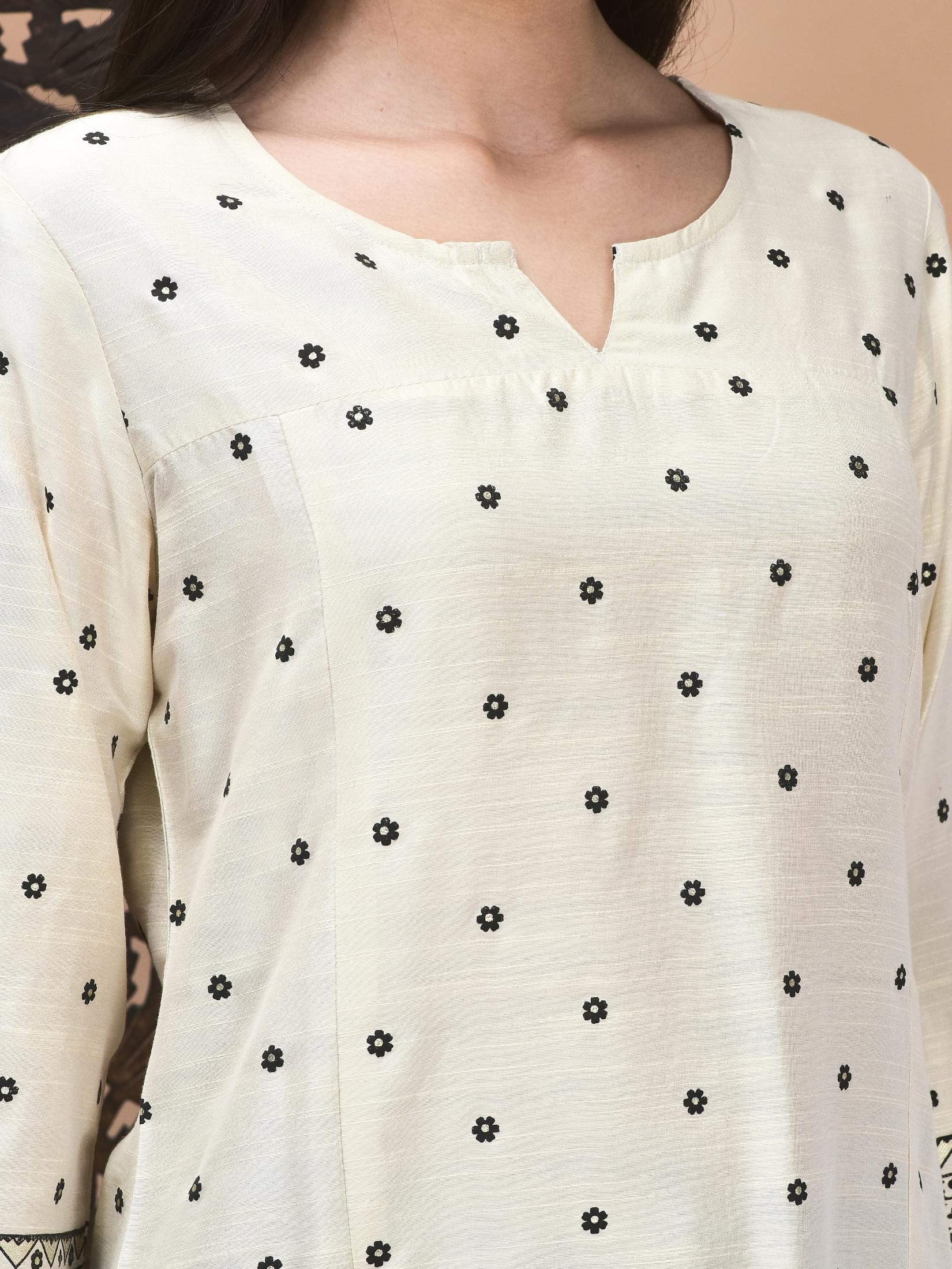 Women Silk Blend Cream Printed Tunic.