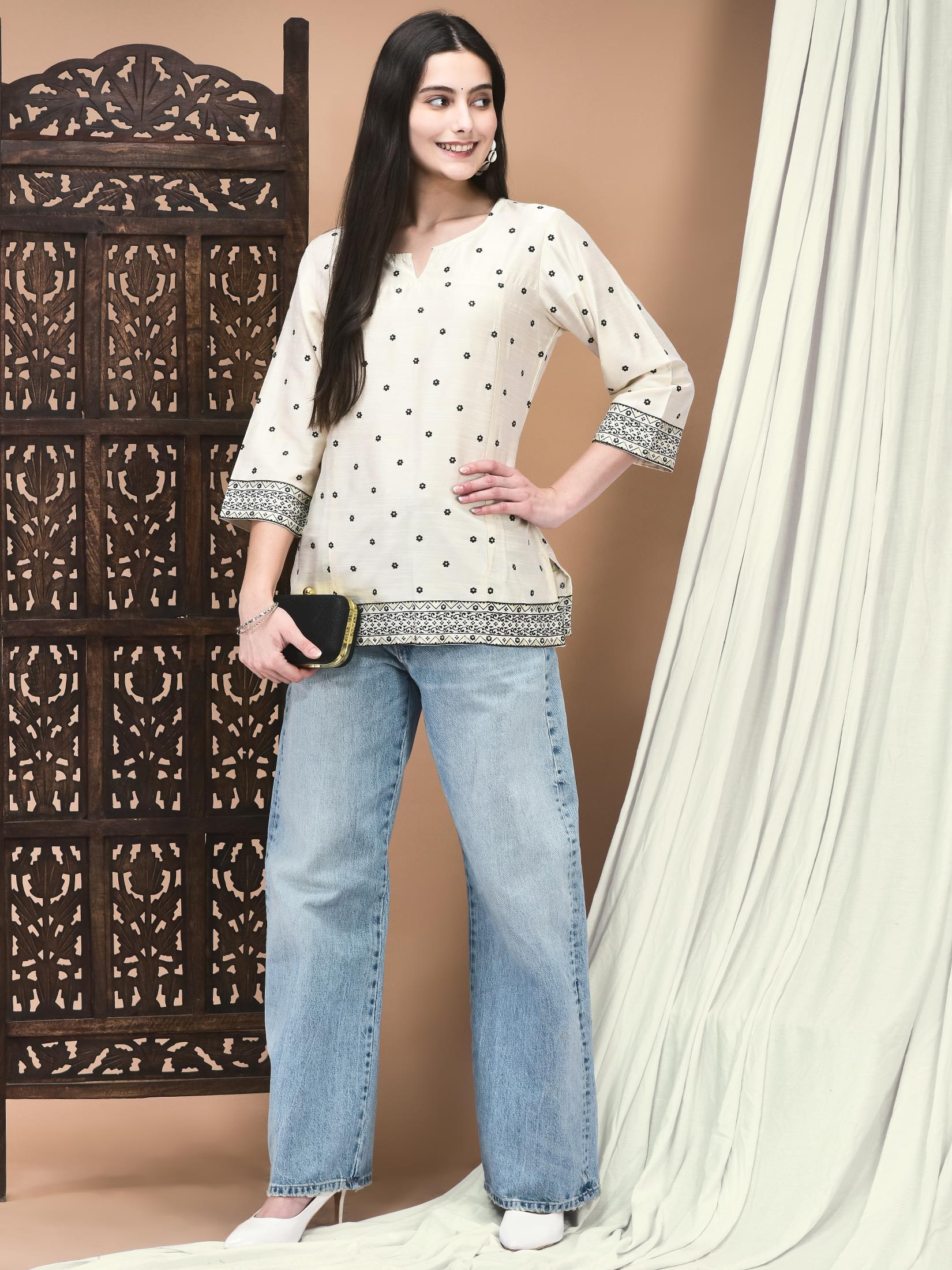 Women Silk Blend Cream Printed Tunic.