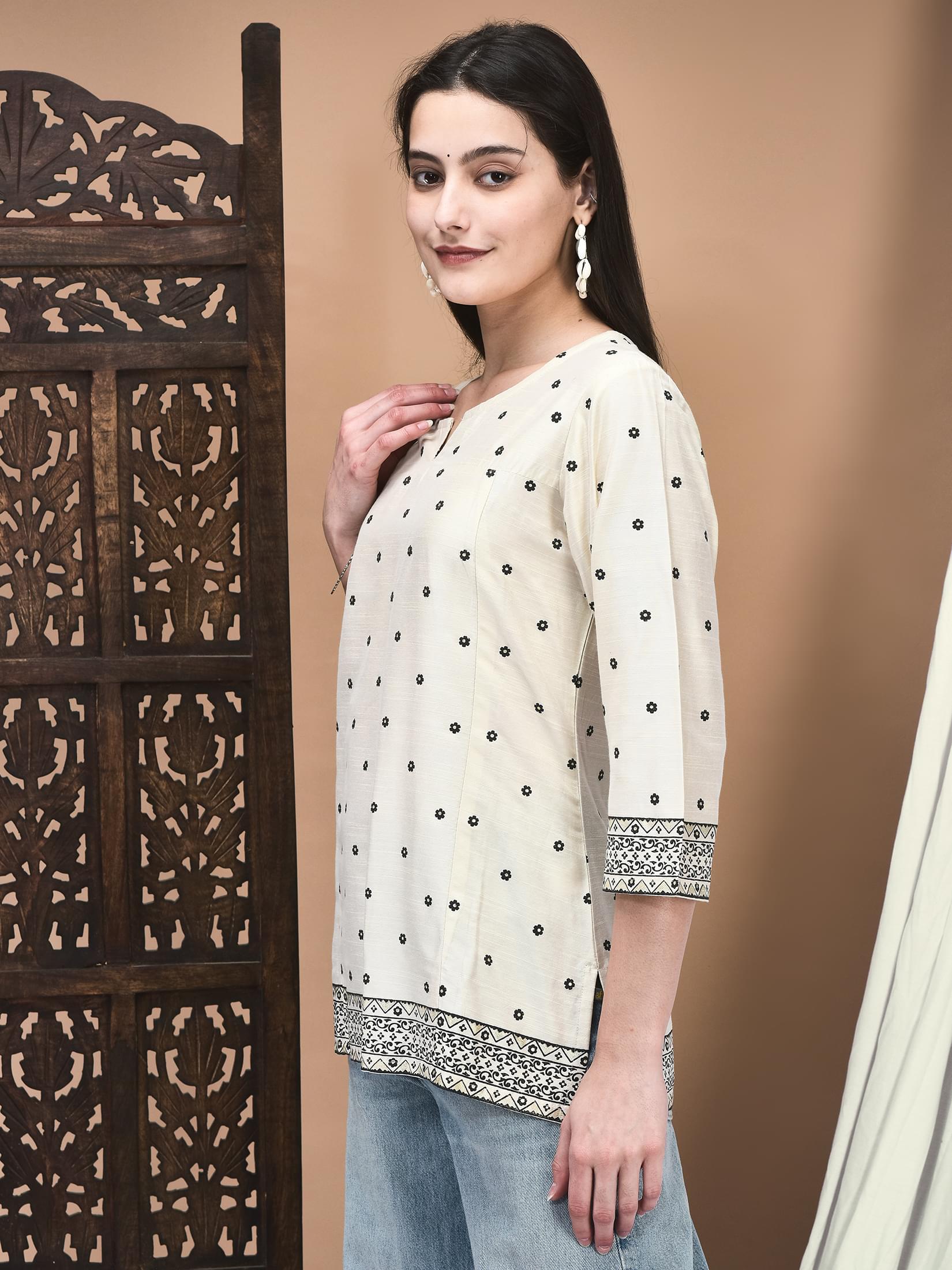 Women Silk Blend Cream Printed Tunic.