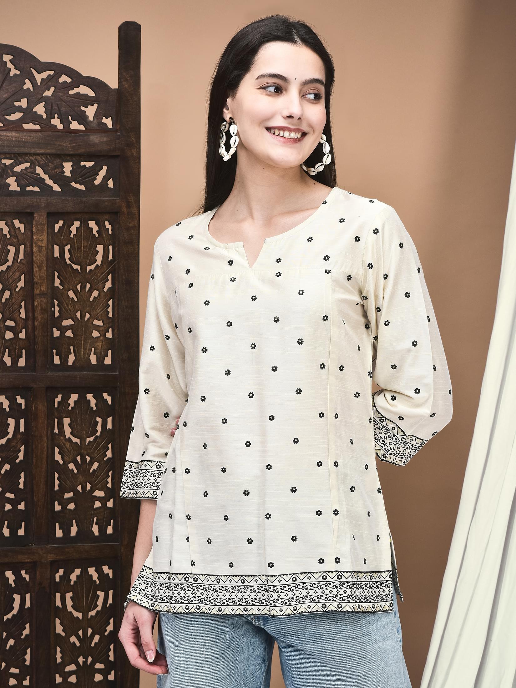 Women Silk Blend Cream Printed Tunic.