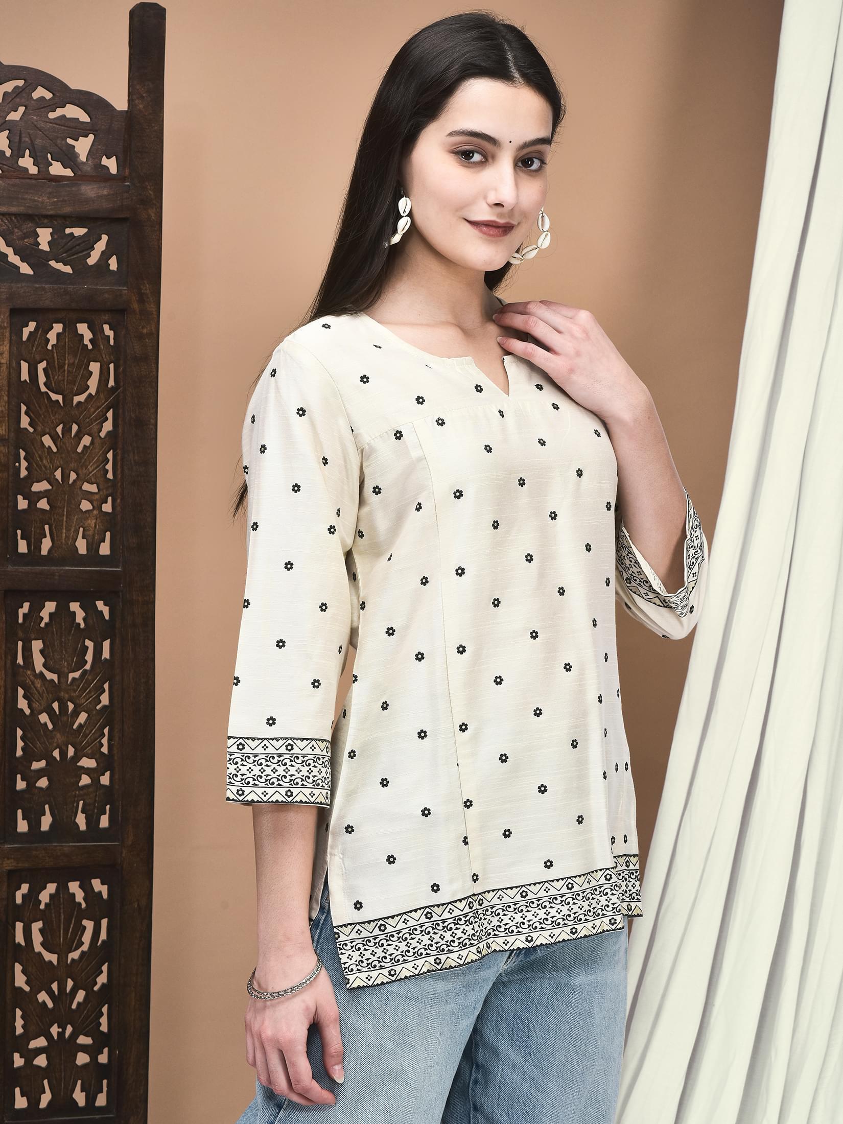 Women Silk Blend Cream Printed Tunic.