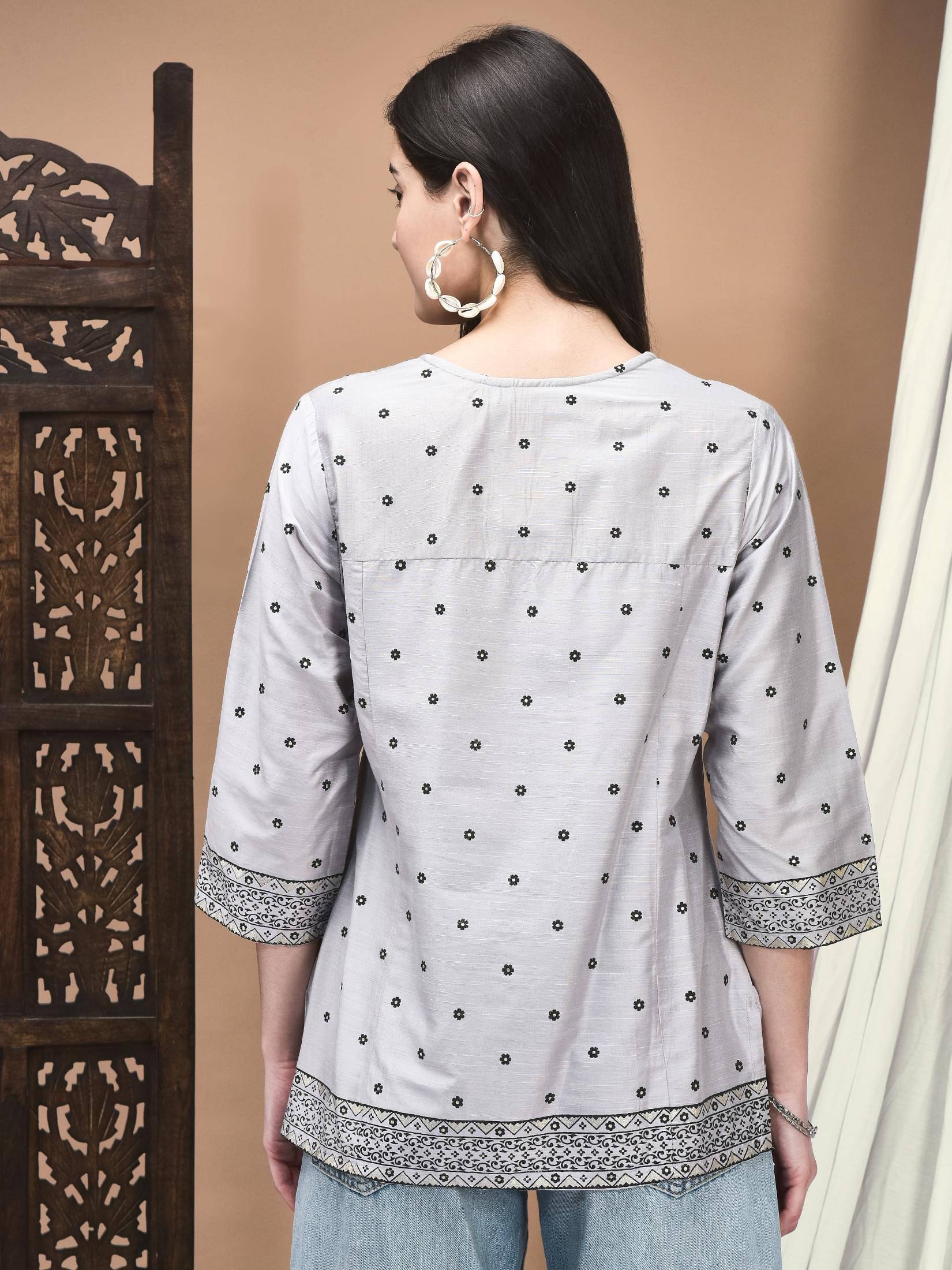 Women Silk Blend Grey Printed Tunic.