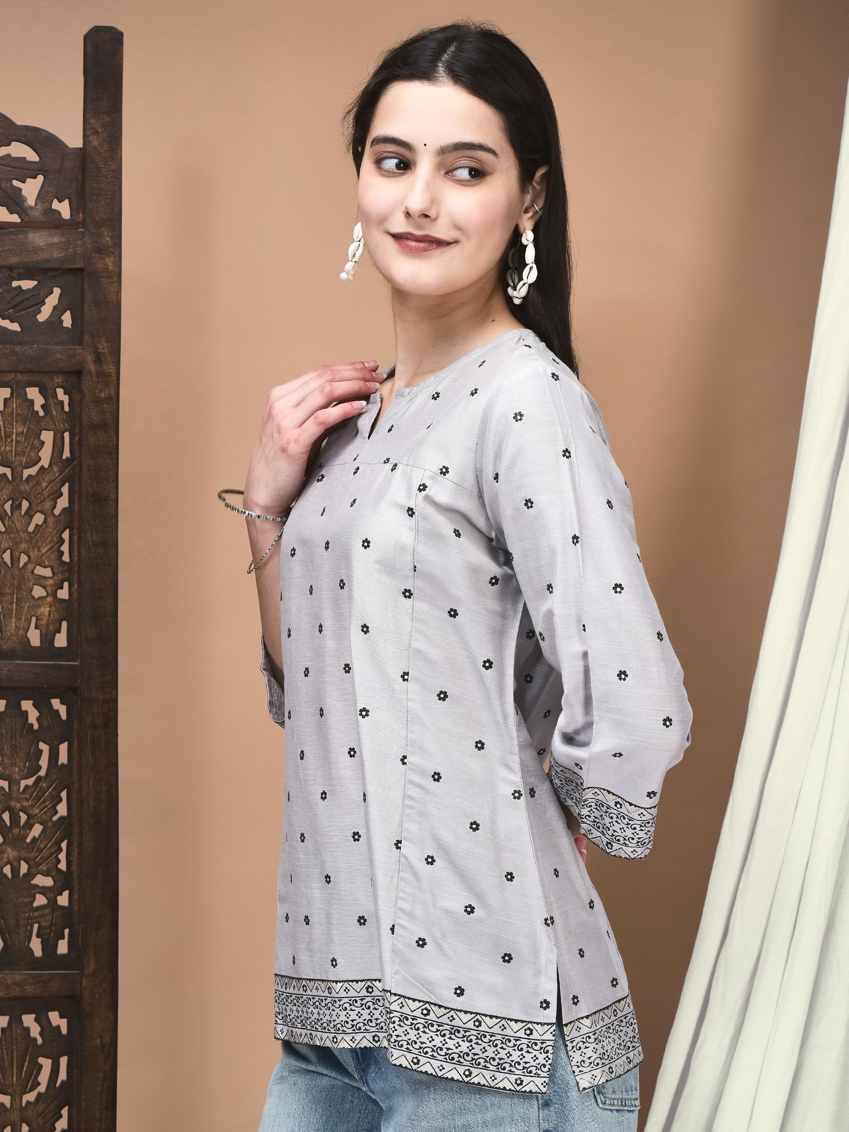 Women Silk Blend Grey Printed Tunic.