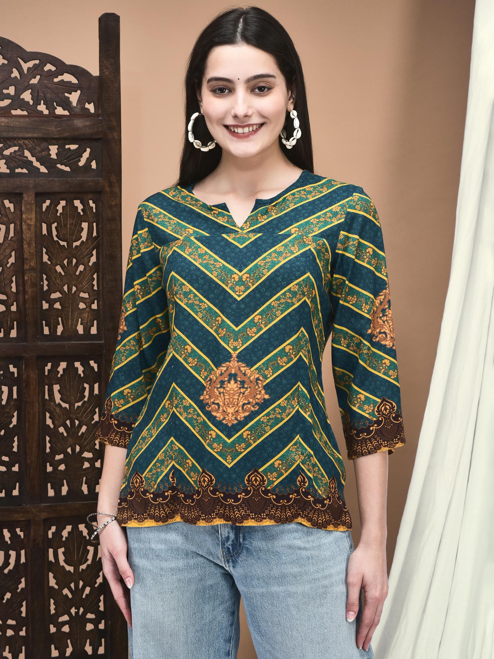 Women Viscose Teal Printed Tunic.