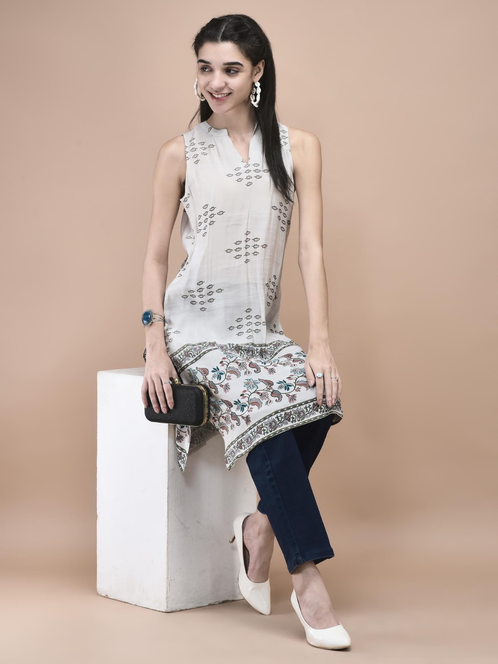 Ocean blue royal Mughal pattern print premium muslin silk straight kurta