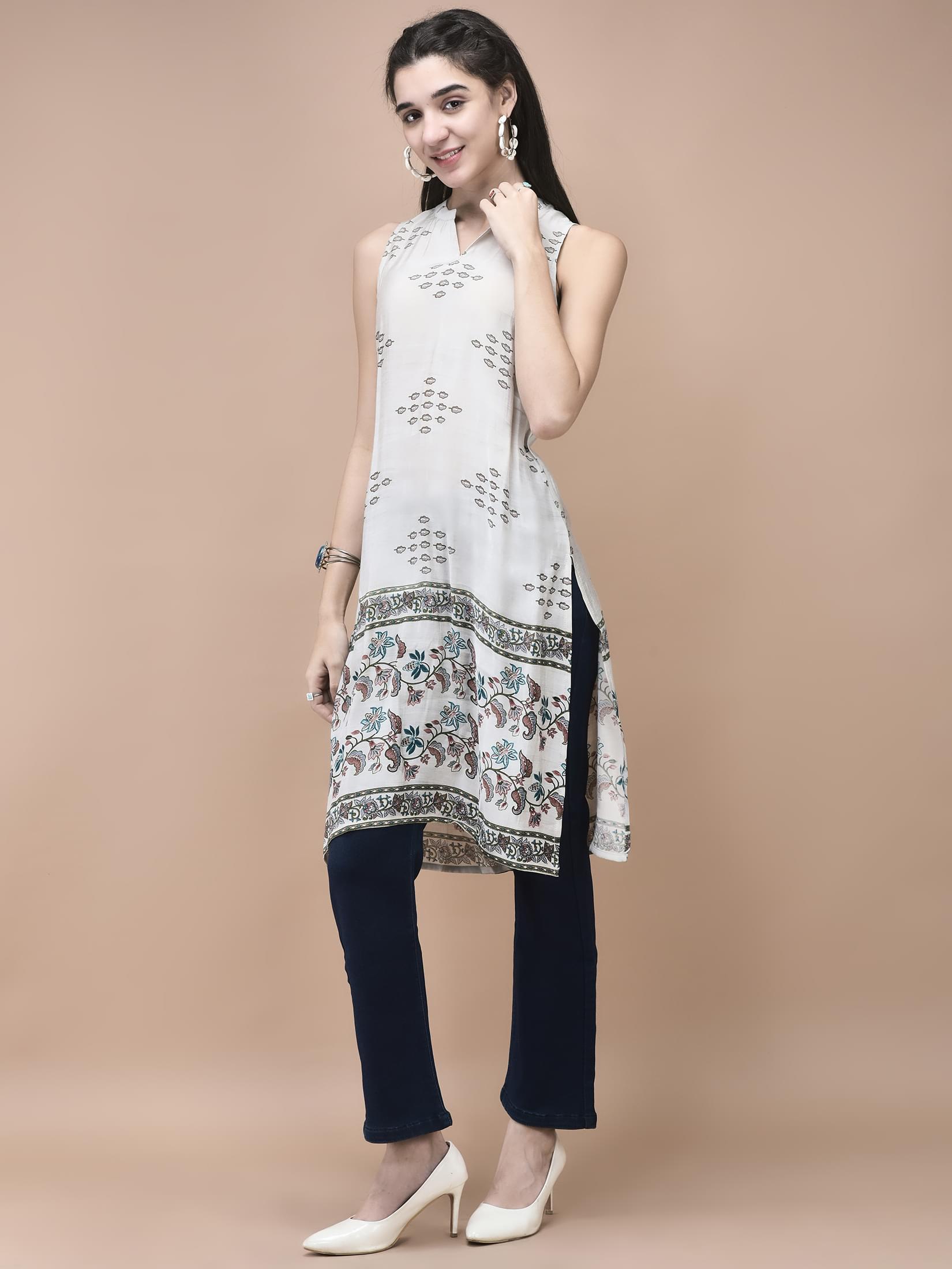 Women Muslin Blue Mughal Print Kurta.