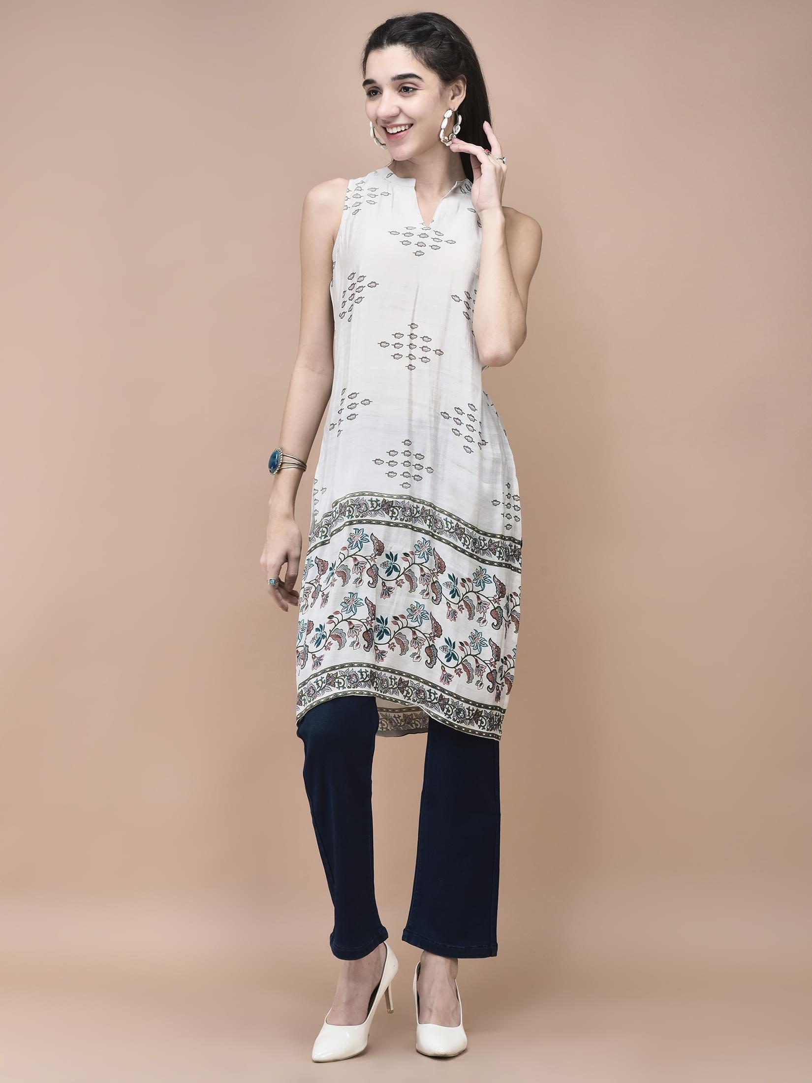 Women Muslin Blue Mughal Print Kurta.