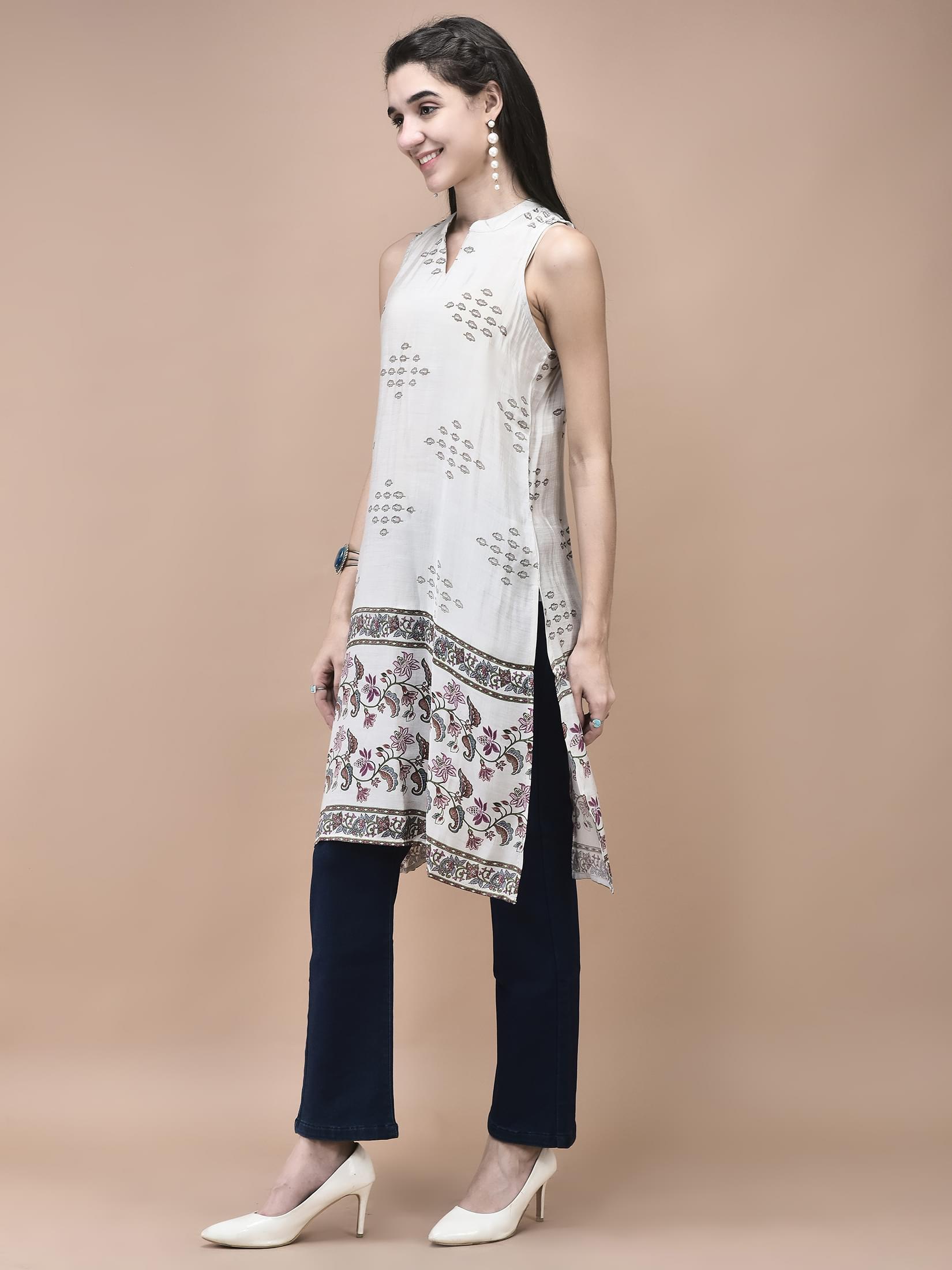 Women Muslin Magenta Mughal Print Kurta.