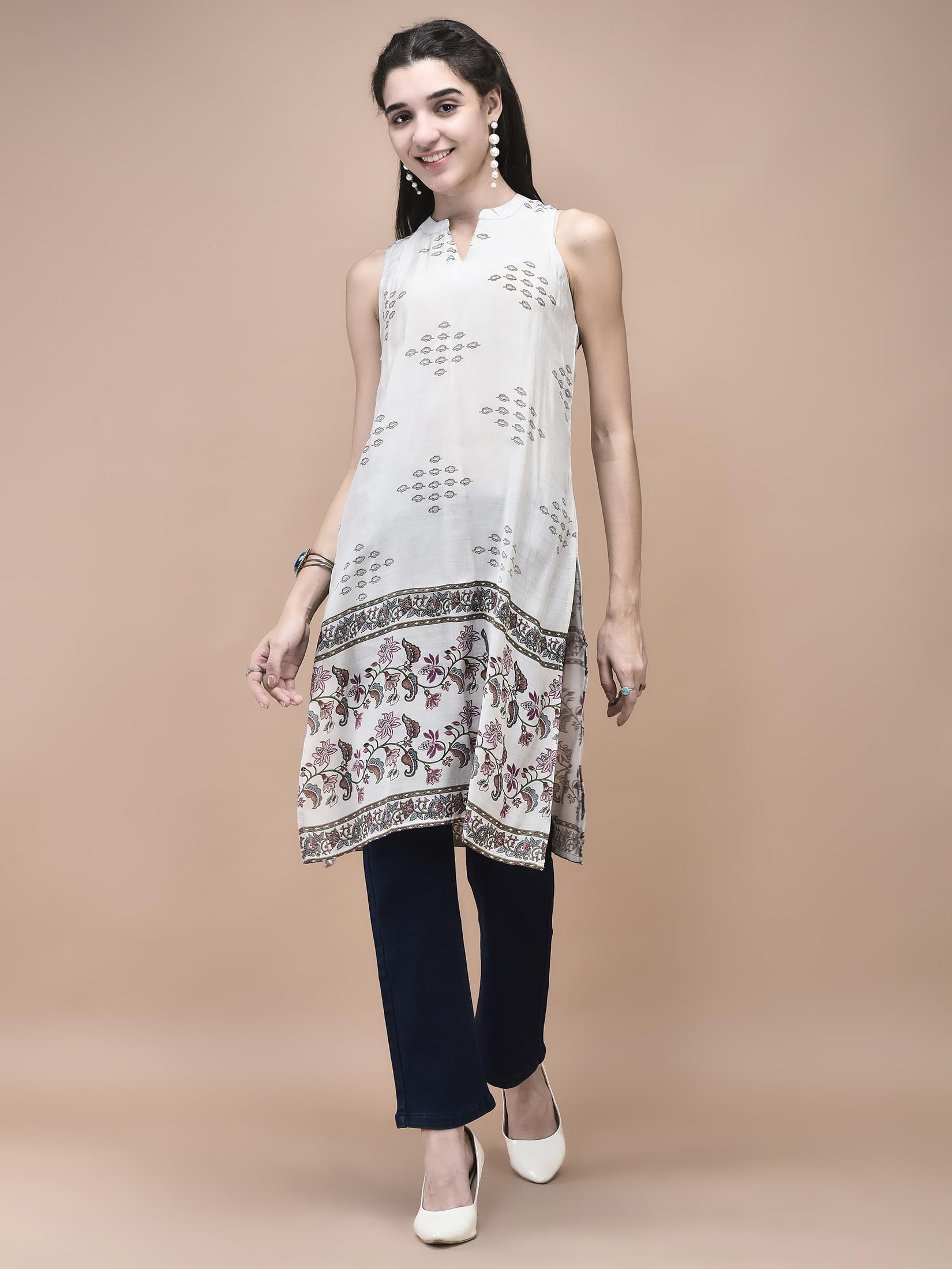 Women Muslin Magenta Mughal Print Kurta.